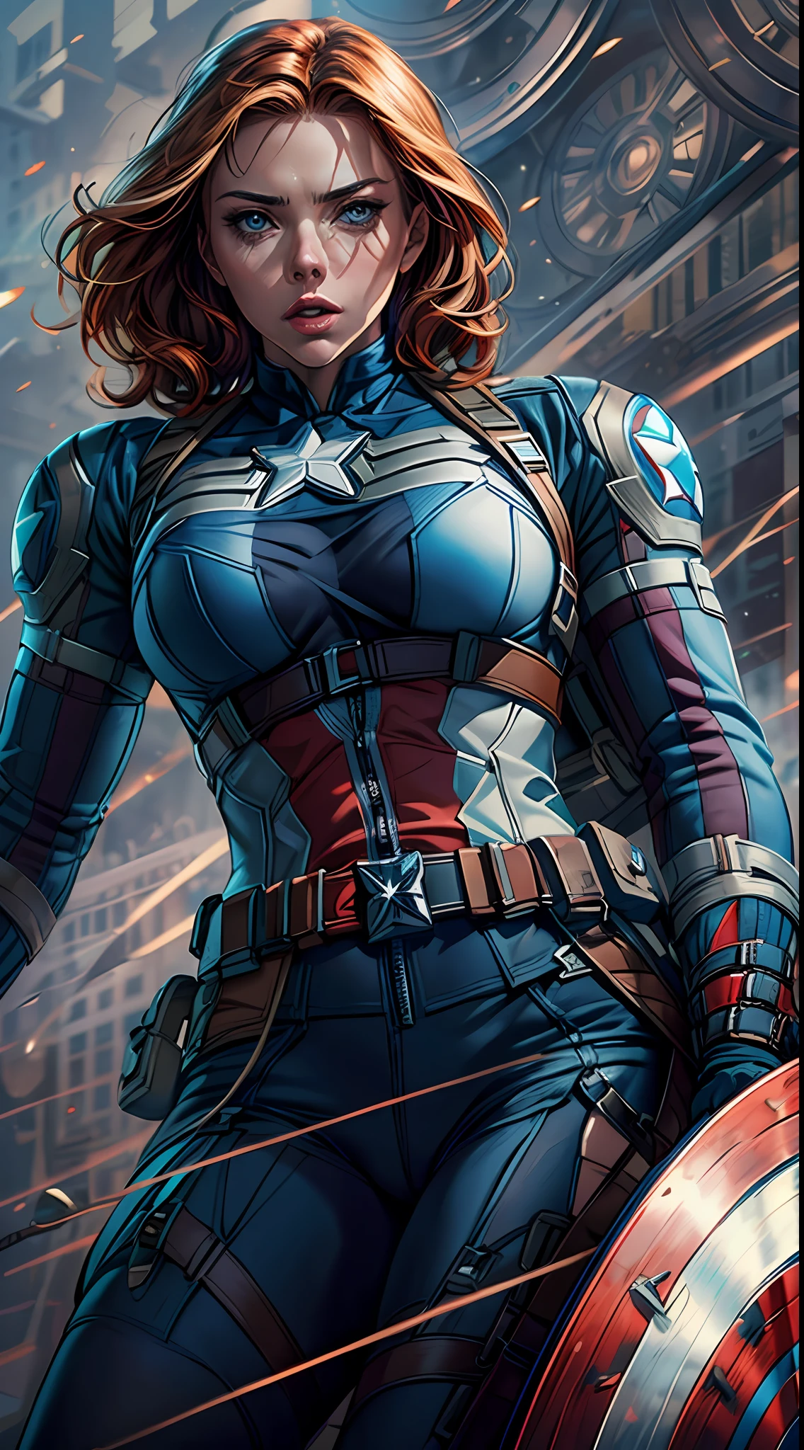 (RAW Photo, Best Quality), (Realistic, Photorealistic Photo: 1.3), Best Quality, Highly Detailed, Masterpiece, Ultra Detailed, Illustration, marvel cinematic universe, marvel, Captain America + Black Widow unique combination, Scarlett Johansson, Beautiful Natasha Romanova in captain america's blue and white colored costume without helmet of captain America, upper body, high detail on dress, Best Quality, Extremely Detailed CG Unified 8k Wallpaper, Ink, Amazing, badass look, portrait, close up (skin texture), intricately detailed, fine details, hyperdetailed.