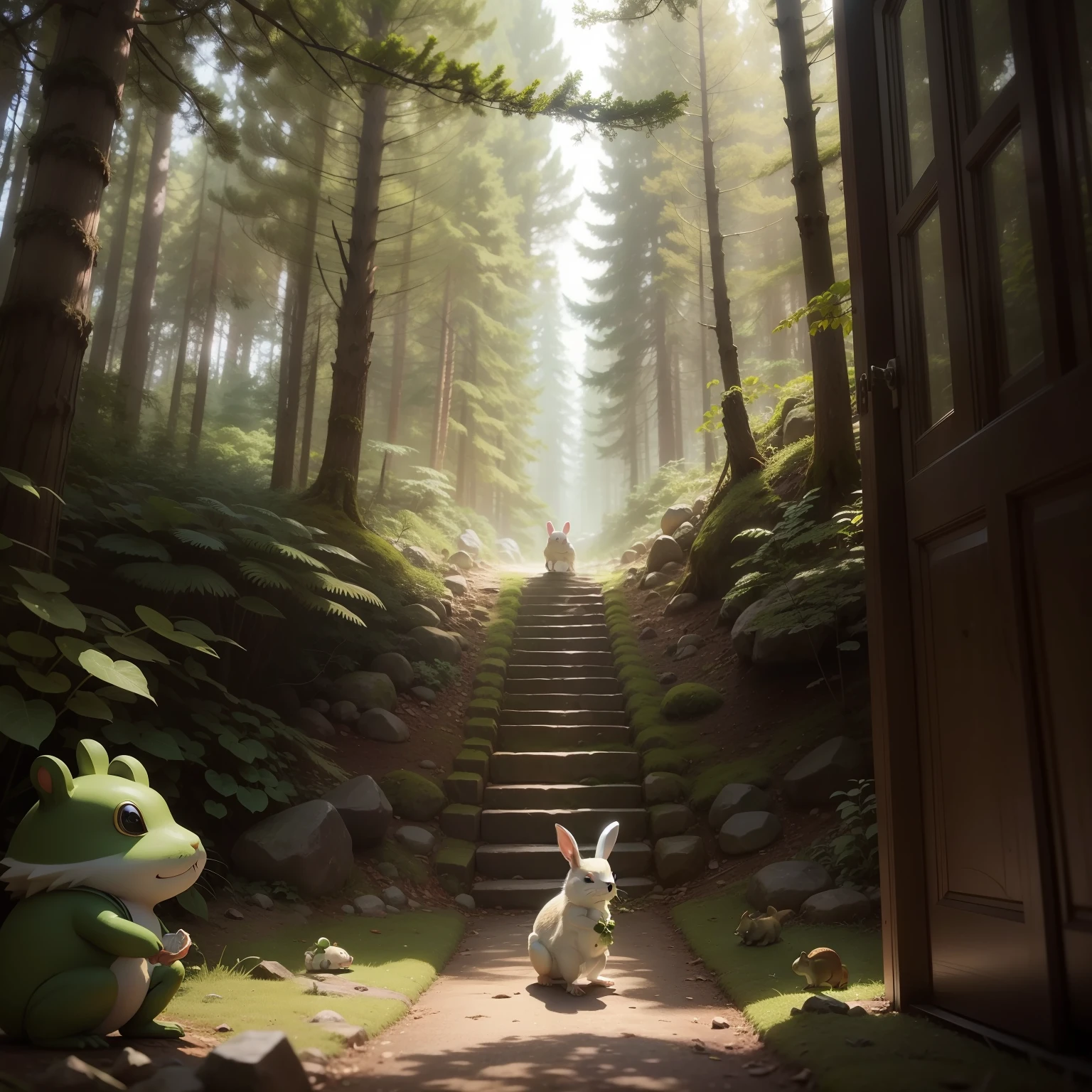 Little white rabbit at the entrance of a rugged forest、Green frog、Round hedgehog、A brown squirrel makes its way to a door deep in the forest