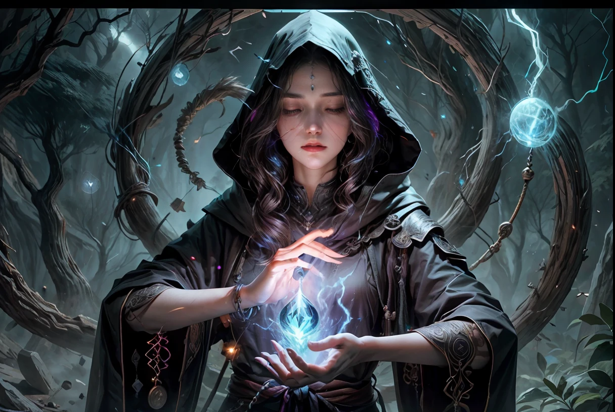 masterpiece, best quality, (extremely detailed CG unity 8k wallpaper), (best quality), (best illustration), (best shadow),The witch stands in a clearing in the depths of a dense forest, surrounded by trees and the soft glow of bioluminescent plants. She is tall and slender, with long, wavy hair that falls down her back in a cascade of dark waves. Her skin is pale and luminescent, with a faint, almost ethereal glow. She wears a long, flowing black cloak that billows out behind her in the wind, and beneath it, a simple black dress. She carries a tall, intricately carved staff in her left hand, its surface covered in glowing runes and symbols. With her right hand, the witch is casting a lightning spell, her fingers crackling with energy. A stream of bright blue lightning shoots out from her hand, illuminating the clearing and casting a stark shadow behind her. As she casts the spell, a small group of glowing runes flies around her, following the path of the lightning bolt. The runes are bright and colorful, floating in the air like tiny wisps of smoke. They seem to be drawn to the witch’s power, feeding on the energy of the spell. Despite the intense power of the spell, the witch remains calm and focused, her eyes closed in concentration. She is in complete control of the magic flowing through her, directing its energy with precision and skill. Her expression is one of intense concentration and focus, a reminder of the incredible power that can be wielded by those who master the art of magic.