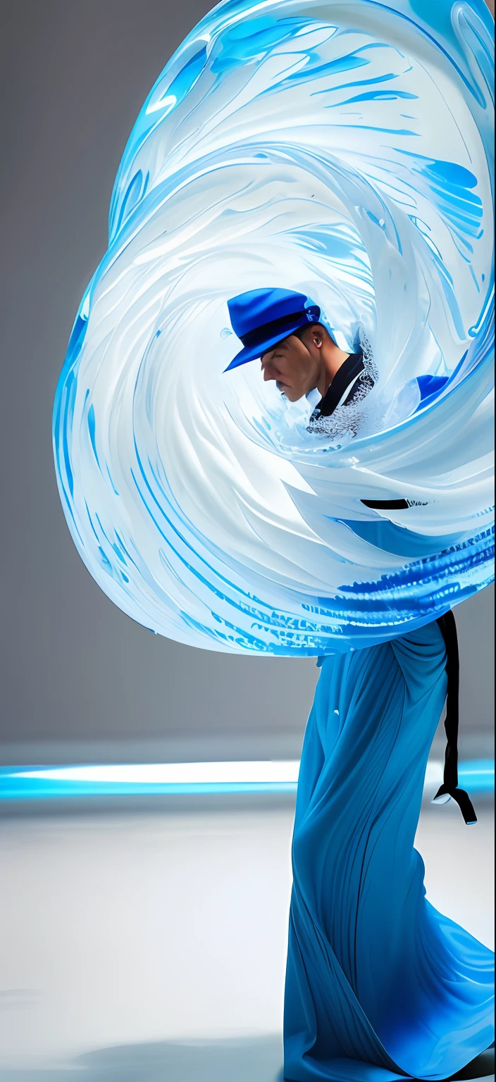 Arafard man with a big blue hat on his head, james nares, swirling fabric, future inflatable jacket, inspired by Anna Füssli, inspired by Fei Danxu, glass ball at the waist, inspired by Maciej Kuciara, photographic render, Flowing realistic fabric, digital sculpture, detailed swirling water tornado