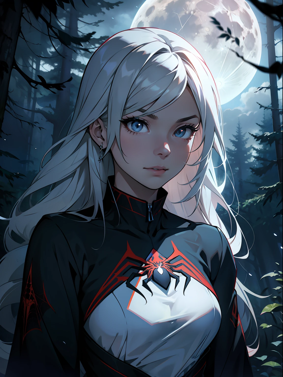 ,woman,ln the forest,Spider body,face,full moon,The cloudy