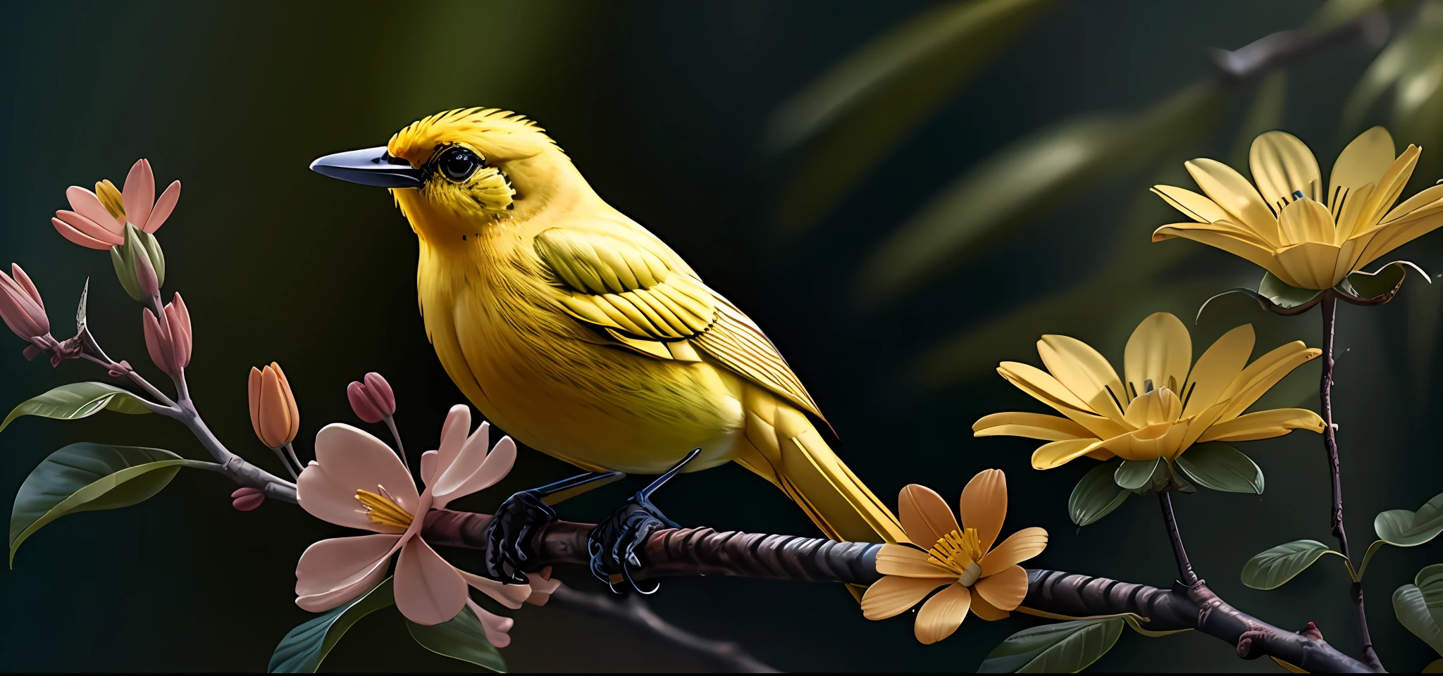 yellow bird,  flower, masterpieces, top quality, best quality, official art, beautiful and aesthetic,  8k raw, realistic, yang08k,