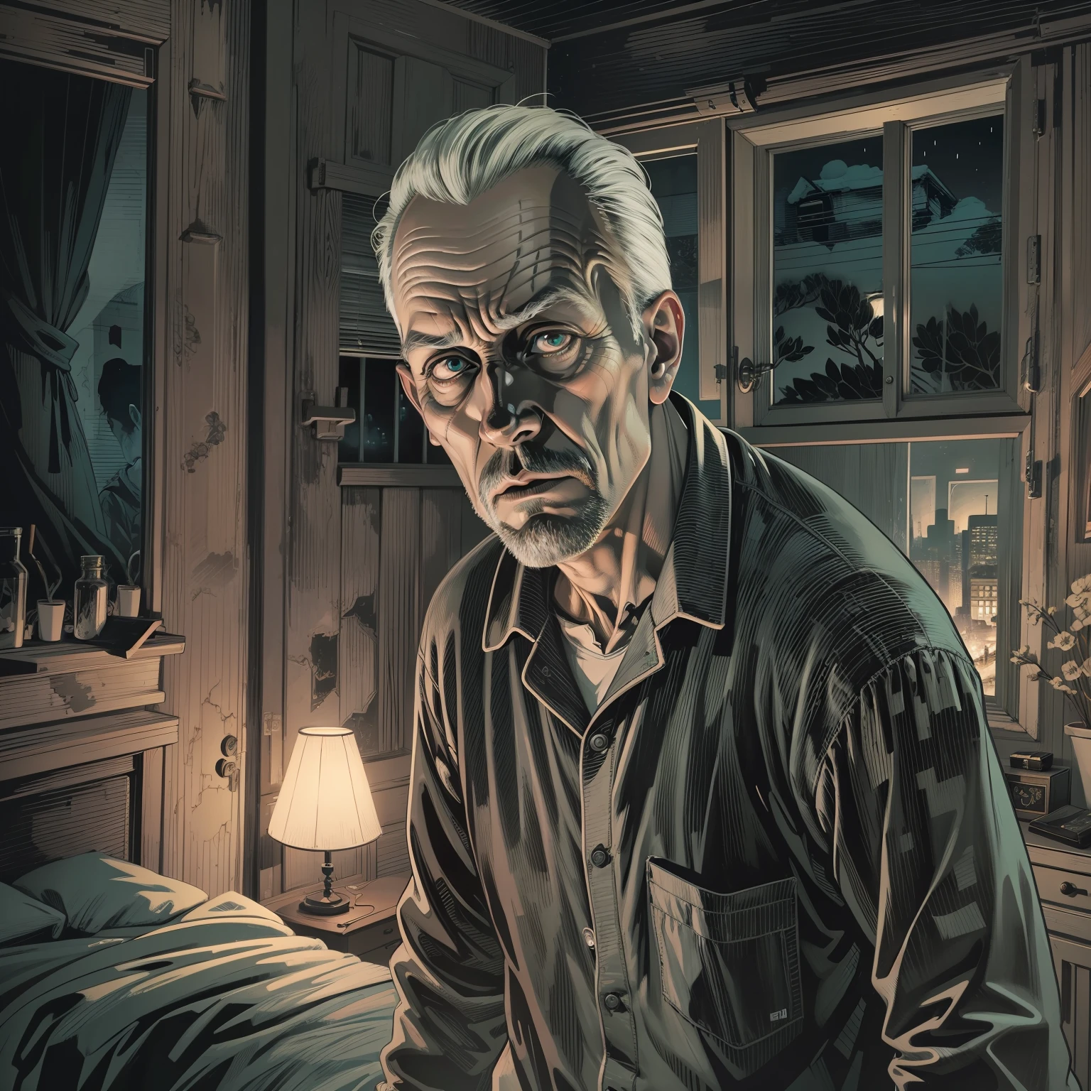 very detailed and extremely intricate 8k image in horror graphic novel style art of a confused 50 year old man, very detailed eyes, dressed in black pajamas, standing in front of a bedroom window, looking outside, night