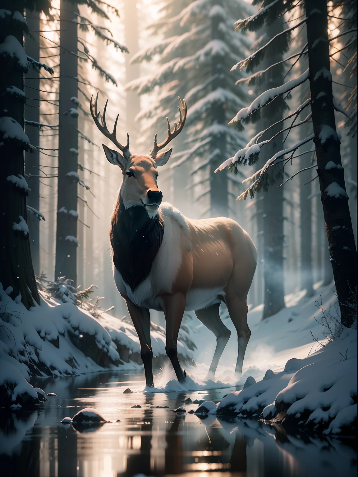 A snow-white elk walks deep into the forest，Tyndall rays，100mm，f/5.6，degrees of freedom，，depth of fields，sub surface scattering，Realphotos，The whole picture is a feeling of early morning water mist