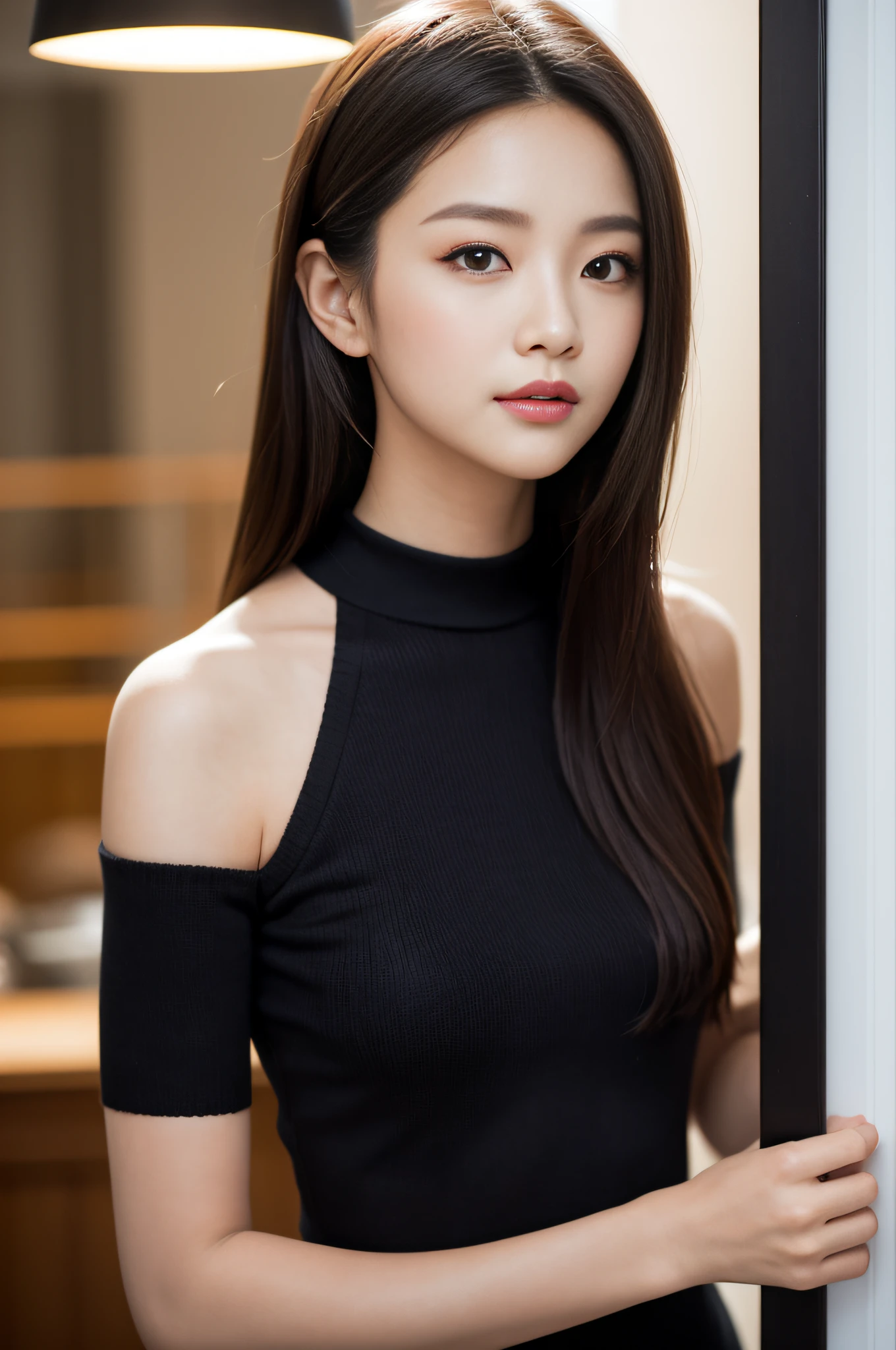 ((best qualtiy、8k masterpieces:1.3))、foco nítido:1.2、(ultra beautiful faces:1.0)、(shinny skin:1.0)、photos realistic、A dark-haired、Video Lighting、High-definition eyes and face、Video Lighting、(Korean Cute Actress)、from the front side、medium large breasts、ssmile、Sleeveless、Slender Abs Beauty、Wearing a tar neck knit