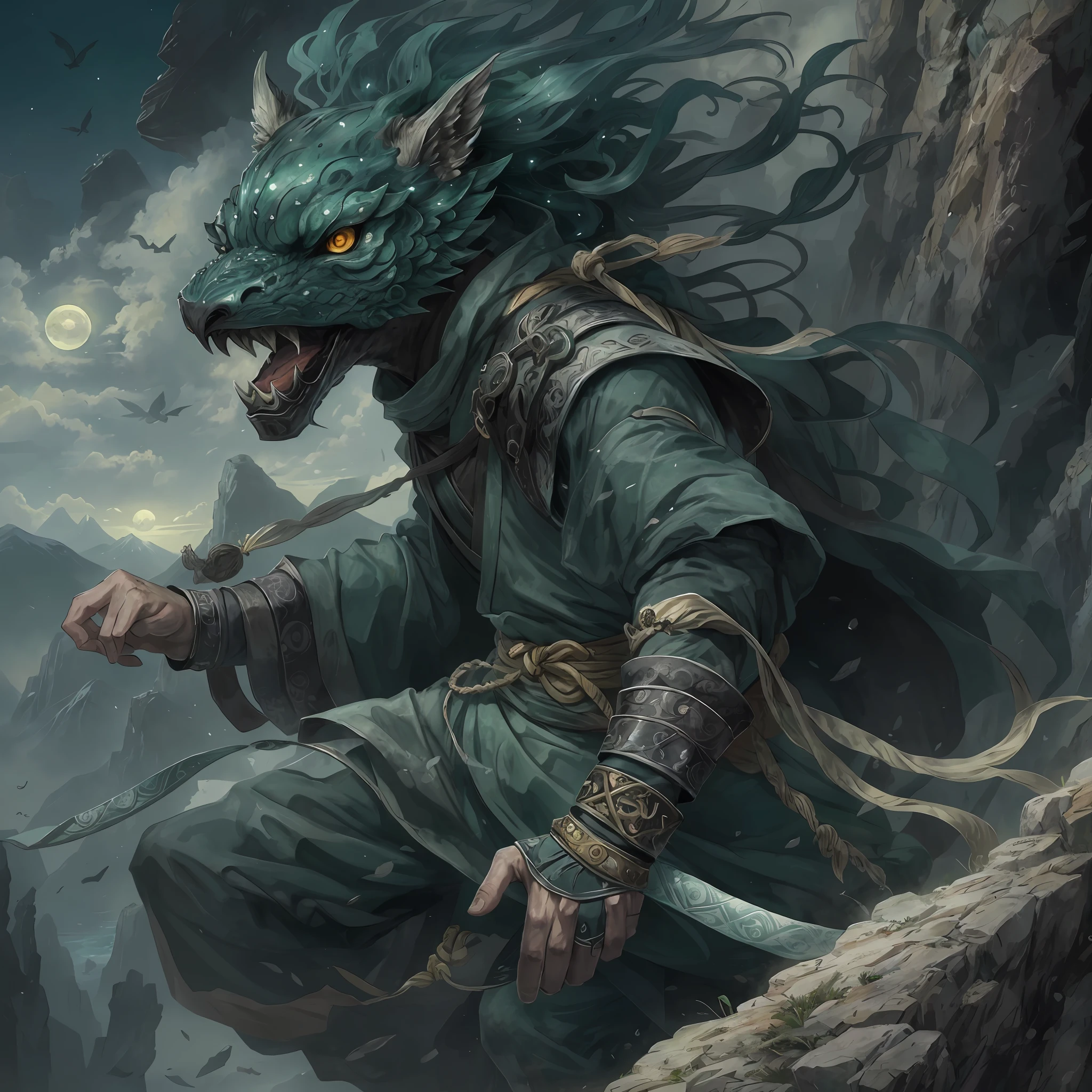 mystic ninja,Detailed face,Detailed eyes,Clear eyes,Gui Zen,Exotic beasts of mountains and seas,Dark green and black details, Loose and thick clothing covers the body,standing on cliff,Bask in the luxury of Yoshitaka Amano in the moonlight,fanciful,sci-fy,the complex background(full bodyesbian),((dynamicposes)),Colorful wallpapers,Highly detailed,Masterpiece,best qualtiy,art stations