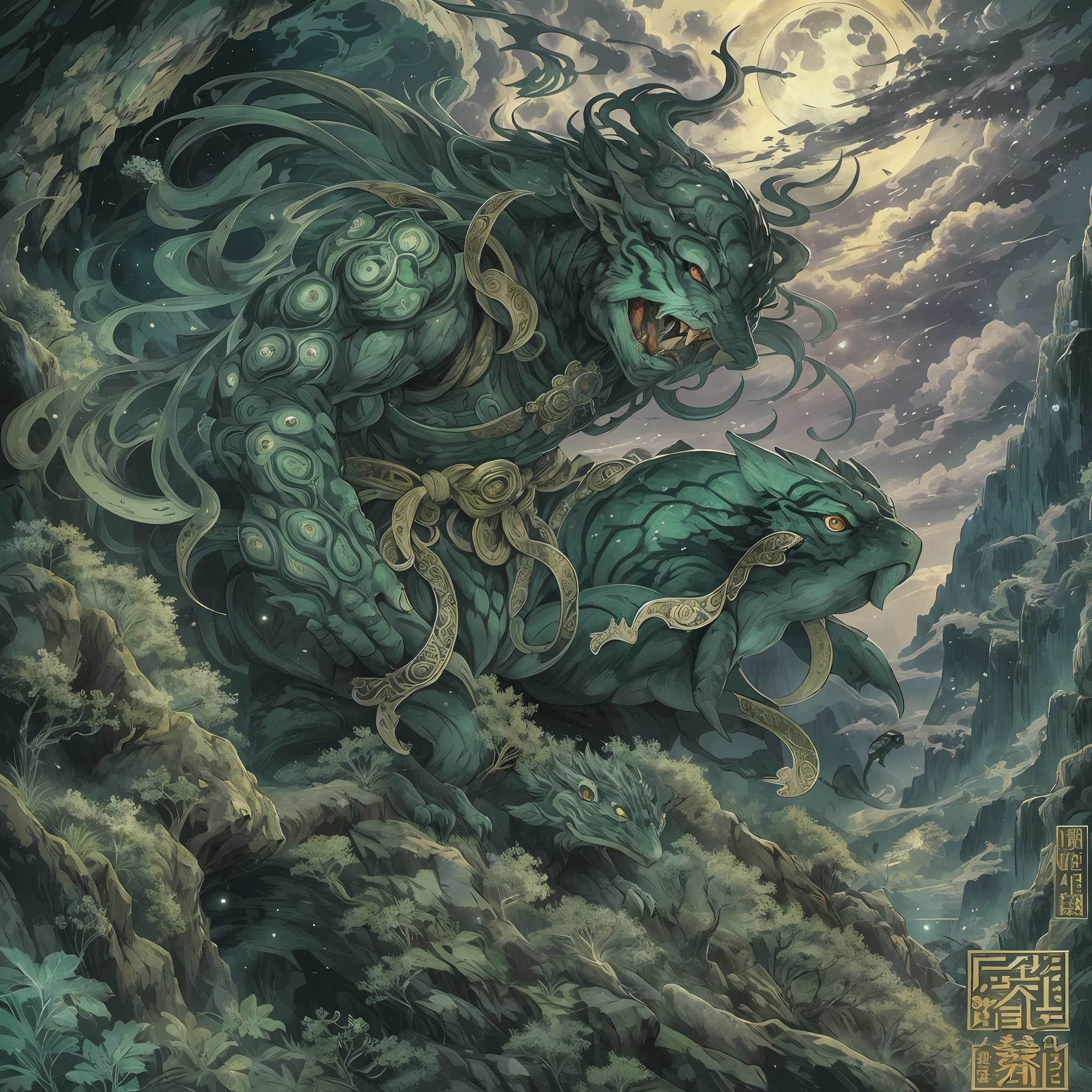 mystic ninja,Detailed face,Detailed eyes,Clear eyes,Gui Zen,Exotic beasts of mountains and seas,Dark green and black details, Loose and thick clothing covers the body,standing on cliff,Bask in the luxury of Yoshitaka Amano in the moonlight,fanciful,sci-fy,the complex background(full bodyesbian),((dynamicposes)),Colorful wallpapers,Highly detailed,Masterpiece,best qualtiy,art stations