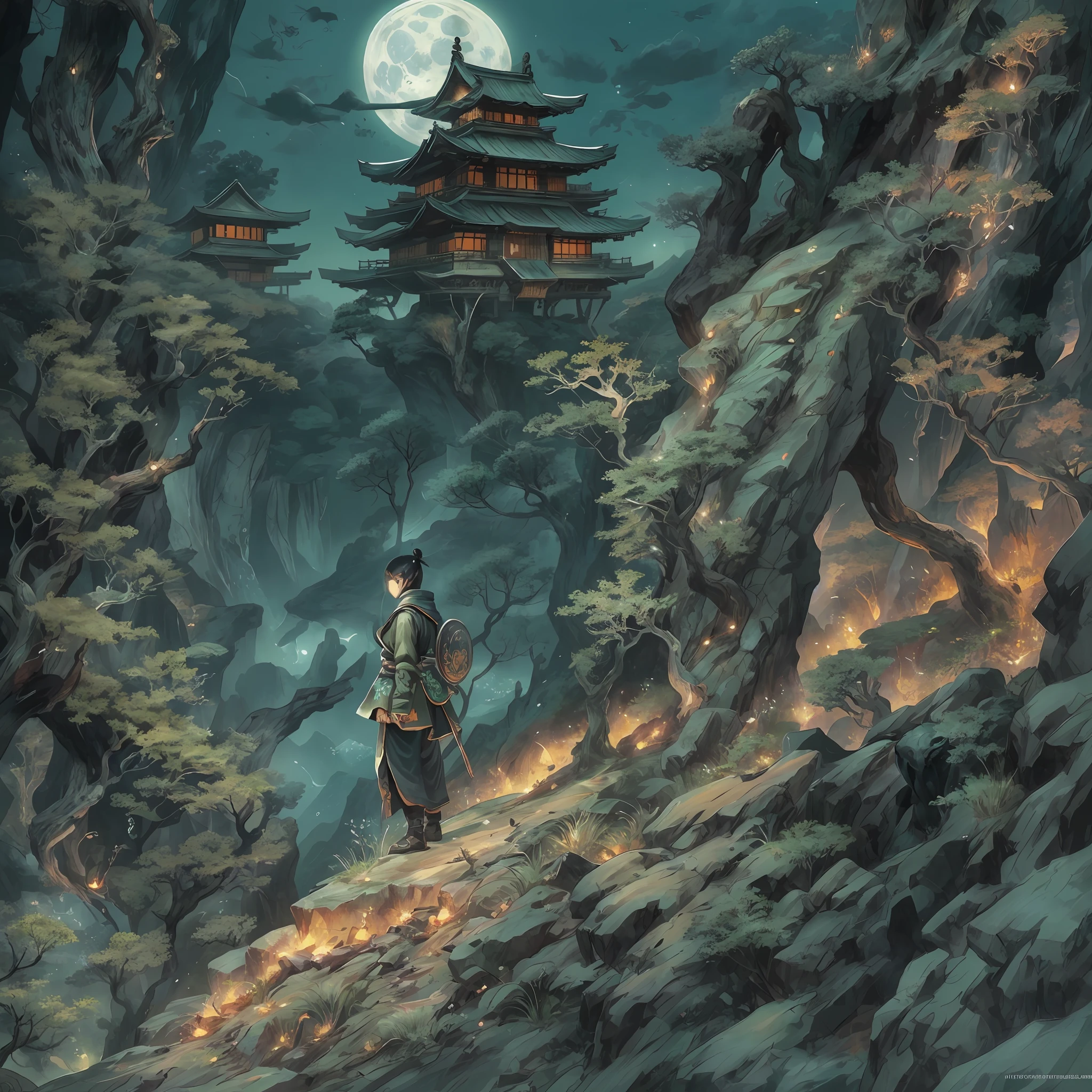 mystic ninja，Detailed face，Detailed eyes，Clear eyes，Gui Zen，Exotic beasts of mountains and seas，Dark green and black details, Loose and thick clothing covers the body，standing on cliff，Bask in the luxury of Yoshitaka Amano in the moonlight，fanciful，sci-fy，the complex background（full bodyesbian），((dynamicposes))，Colorful wallpapers，Highly detailed，Masterpiece，best qualtiy，art  stations