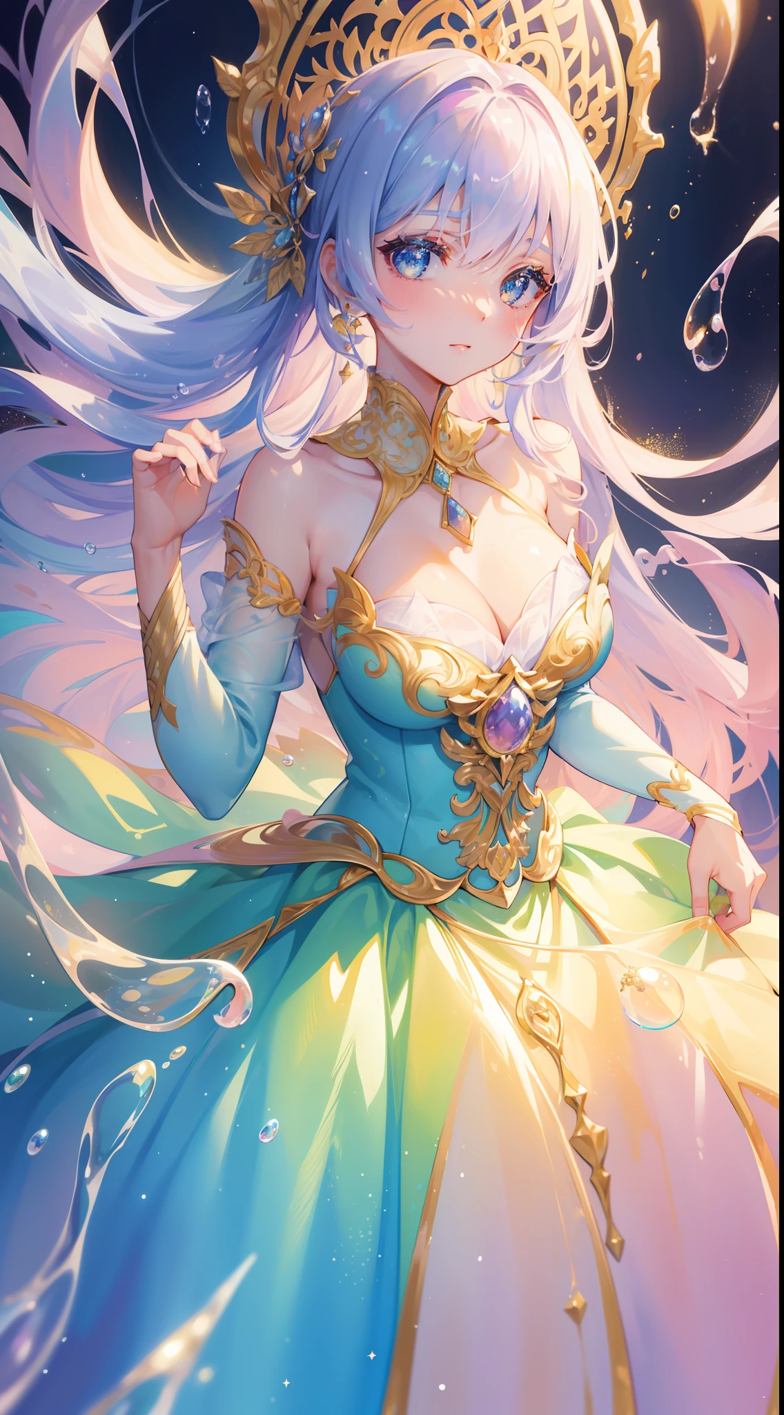 masterpiece, best quality, 8k resolution, sharp focus, intricate detail, beautiful girl, sparkling eyes, golden ratio face, otherworldly liquid, watercolor, ((pastel colors)), bright colors, whimsical, colorful, sharp focus, high resolution, fine detail, ((ballgown made of liquid)), iridescent bubbles