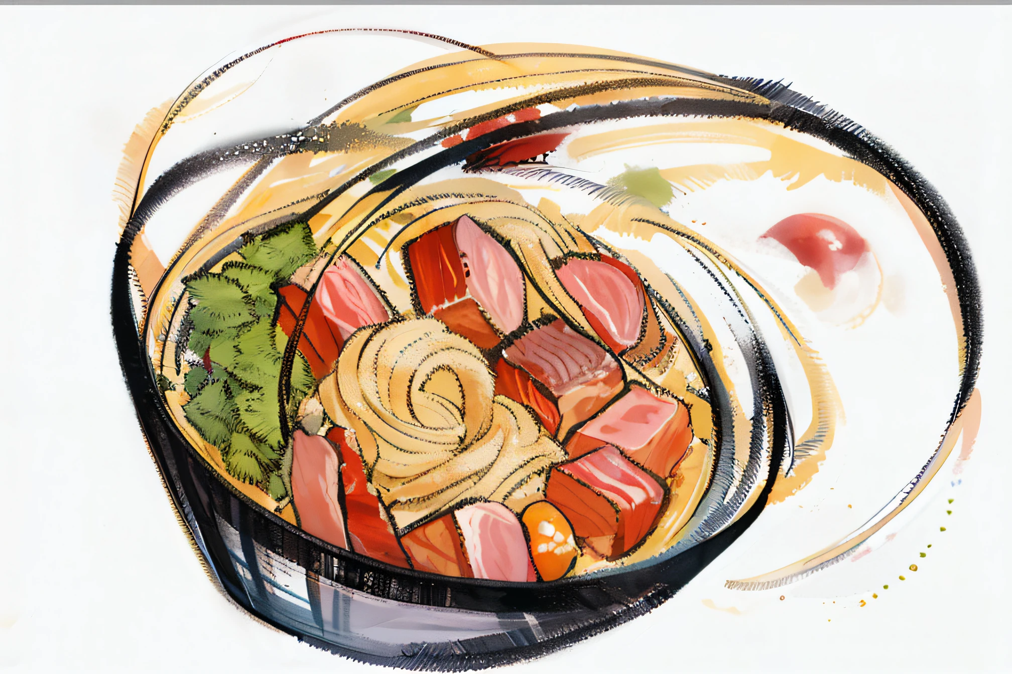 Amazing food illustration, drawn with photoshop, expressive digital painting，Brisket noodles，Amazing food illustration, drawn with photoshop, expressive digital painting，Thick and dashed lines，Bright colors，noodle，Beef cuts，vegetative people，The black lines of charcoal are very eye-catching，A combination of brush and color，Very special, The charcoal line is very graphic，The black lines are very graphic，A combination of brush and color，Very special