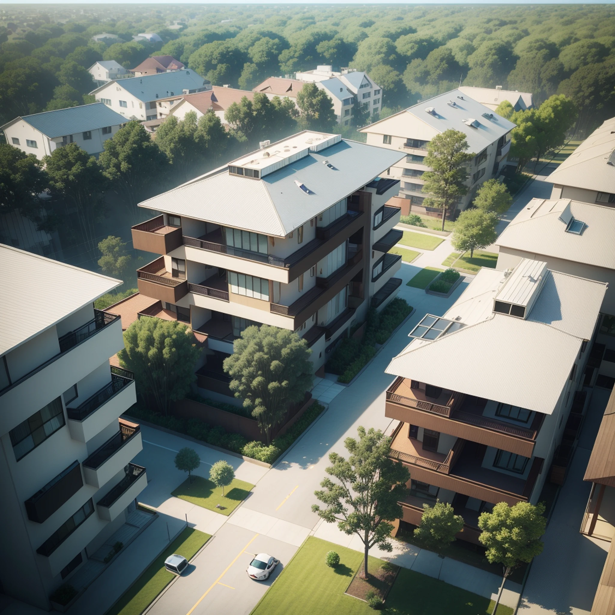 Residential buildings，bird's eyes view，Community，Surrounding greenery，Soft light，3Drenderingof，Single subject，archviz, , realistic cgi render, CG rendering, Residential houses, building rendering,skyscraper forest community, architectural 3 d render