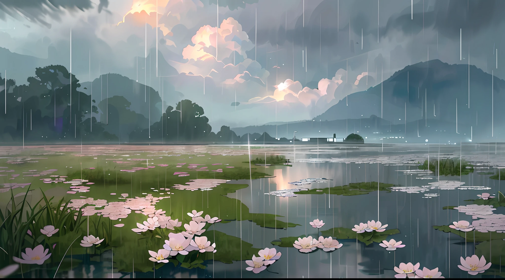 (extremely detailed CG unity 8k wallpaper,masterpiece, best quality, ultra-detailed),Torrential rain in the city has just passed,Light rain fell sparsely,The water light on the ground disappears,Small puddles reflect the surrounding landscape,In the sky,Half are white and picturesque clouds,Half are slowly moving gray clouds,The clouds are full of texture, delicate and harmonious,light breeze,Touching the grass washed by the rain、Flowers and trees,The sea of clouds rolls forward with the wind,Like a long stream spreading across the sky。Traces of rainwater hang from the windows of the building,If you look closely, it's like a small world。