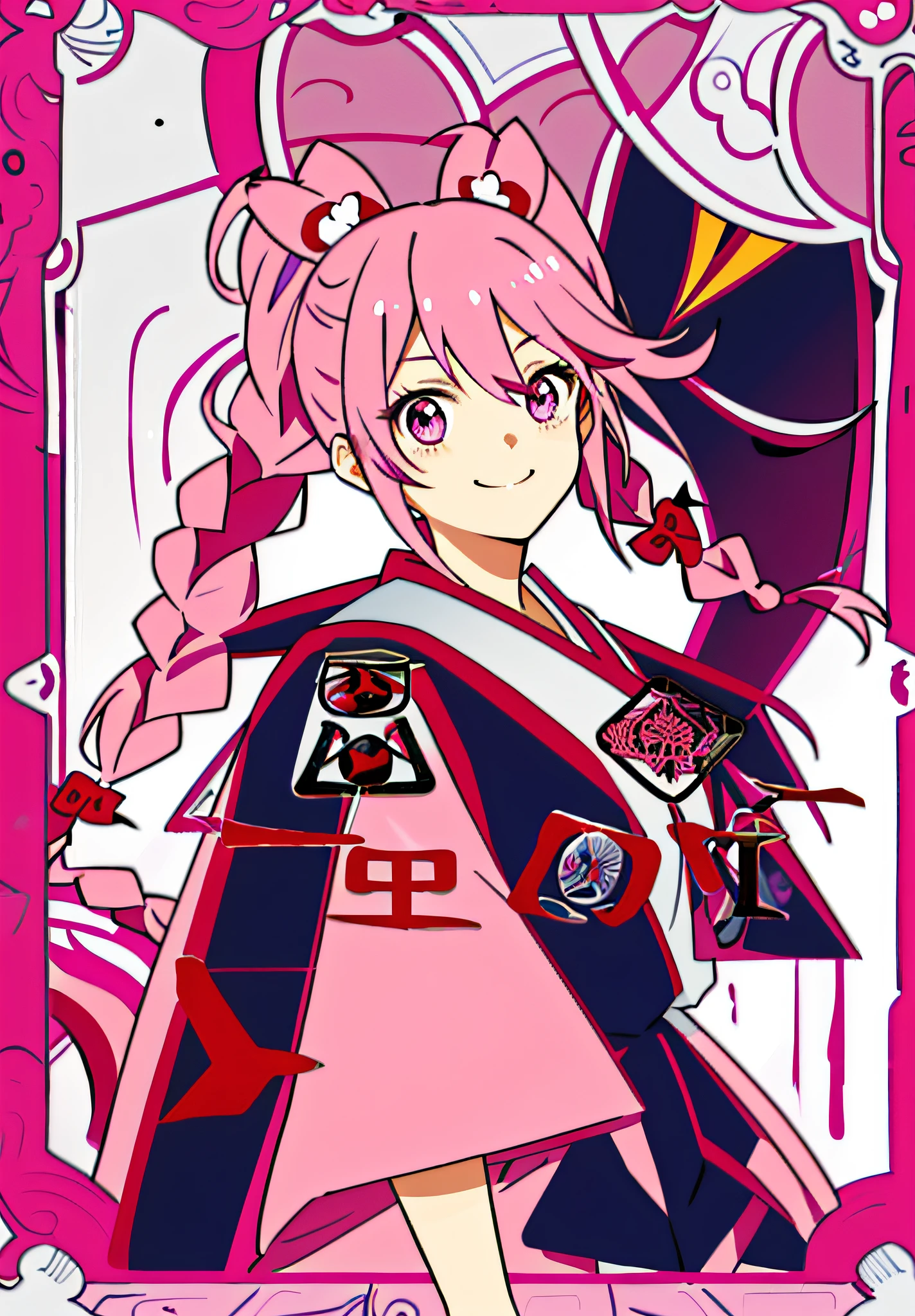 Long pink hair,Twist braids,A red bow is worn on the twisted braid,Dressed in pink-purple clothing in aristocratic style,Smile and make cute gestures,Peach-pink eyes,A fusion of the Dragon King ninja Goto art style and the Ogura Yuki shoujo style,Present the mysterious style of tarot cards,Tarot cards representing lovers。