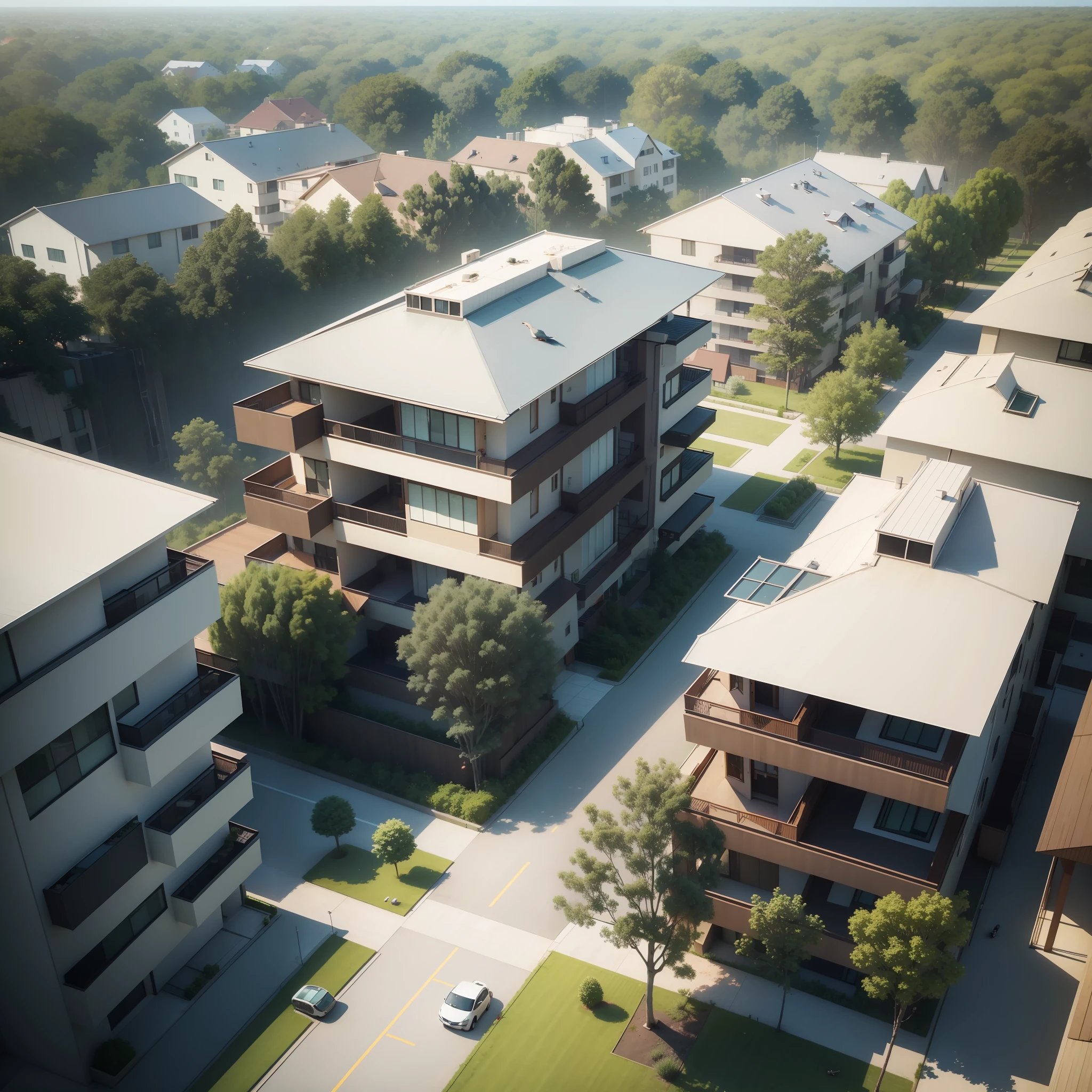 Residential buildings,bird's eyes view,Community,Surrounding greenery,Soft light,3Drenderingof,Single subject,archviz, , realistic cgi render, CG rendering, Residential houses, building rendering,skyscraper forest community, architectural 3 d render