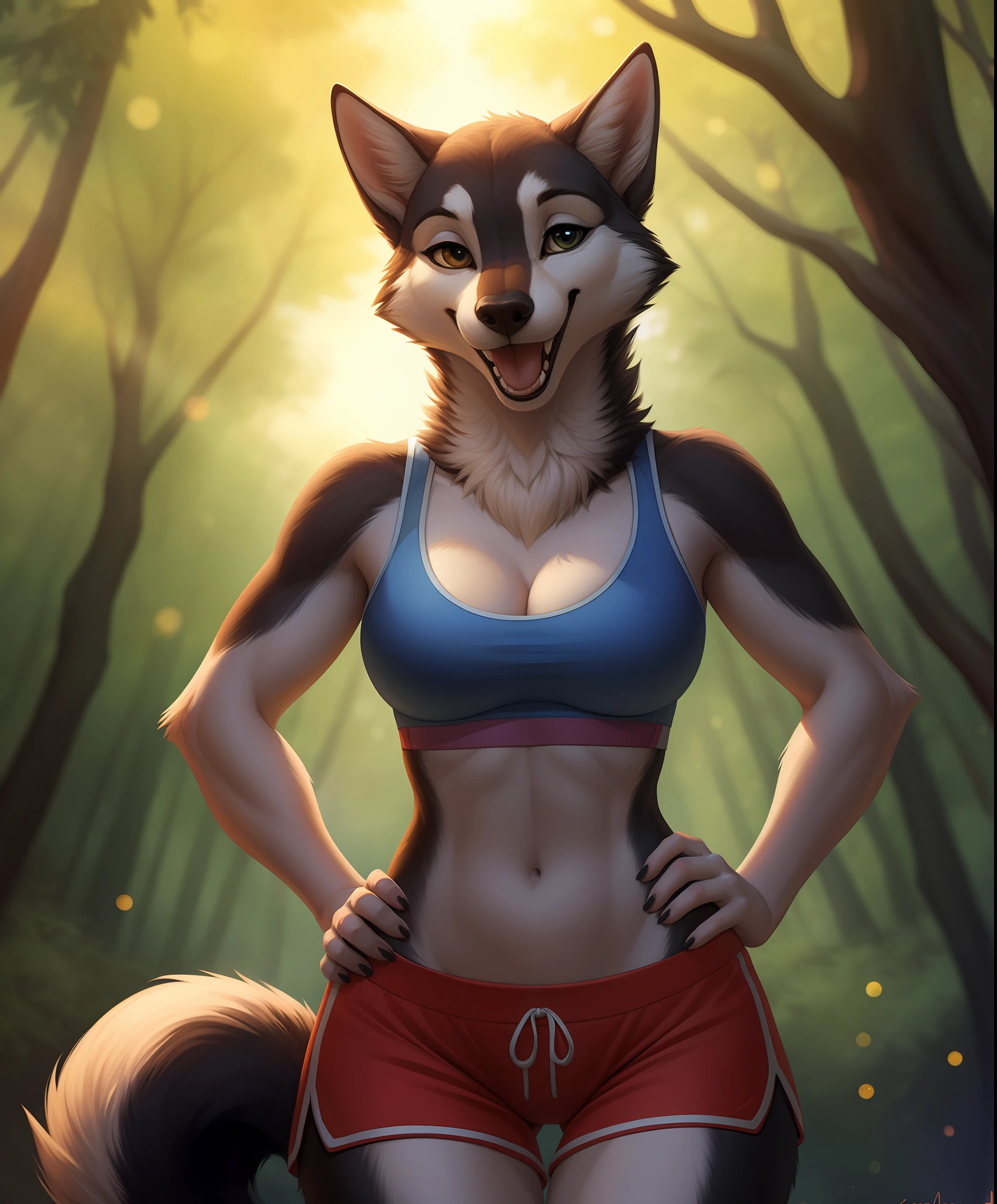 a beautiful and detailed portrait by zaush honovy hioshiru personalami, solo, female, husky, black fur, sports bra, shorts , anthro,(cameltoe),  looking at viewer, smile, eyes half open, trees, clouds,tail, forest, mouth open, tongue, teeth, smile,((bokeh)), cinematic lighting, shaded, cinematic, cleavage, thigh gap, hand on hip