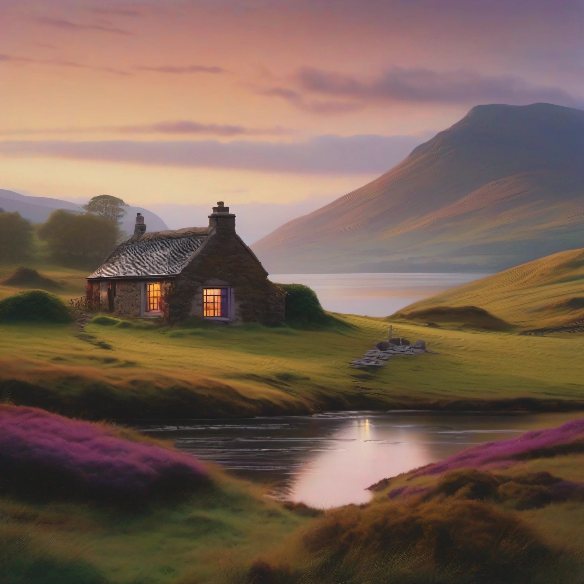 A serene depiction of an early morning scene in the Scottish Highlands. Rolling hills painted in tones of rich green and purple heather, a tranquil loch mirroring the fiery hues of dawn, and a single rustic cottage nestled amidst the landscape. Soft morning mist gently wraps the scene, adding a layer of mystique. Style should lean towards a hyper-realistic painting with fine details emphasizing the textures of nature and architecture. Lighting would be soft and diffuse, with subtle hints of the rising sun peeking from the horizon. Medium format film, Hasselblad 500CM, Kodak Ektar 100, f/8. --v 5 --q 2 --ar 16:9