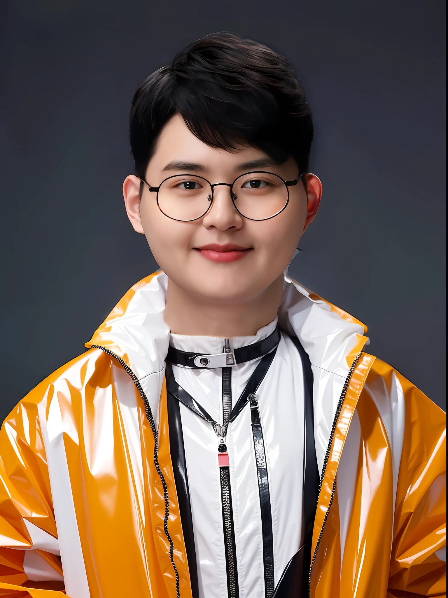 A Chinese male high school student,Wear a PVC fashion raincoat,There are zippers