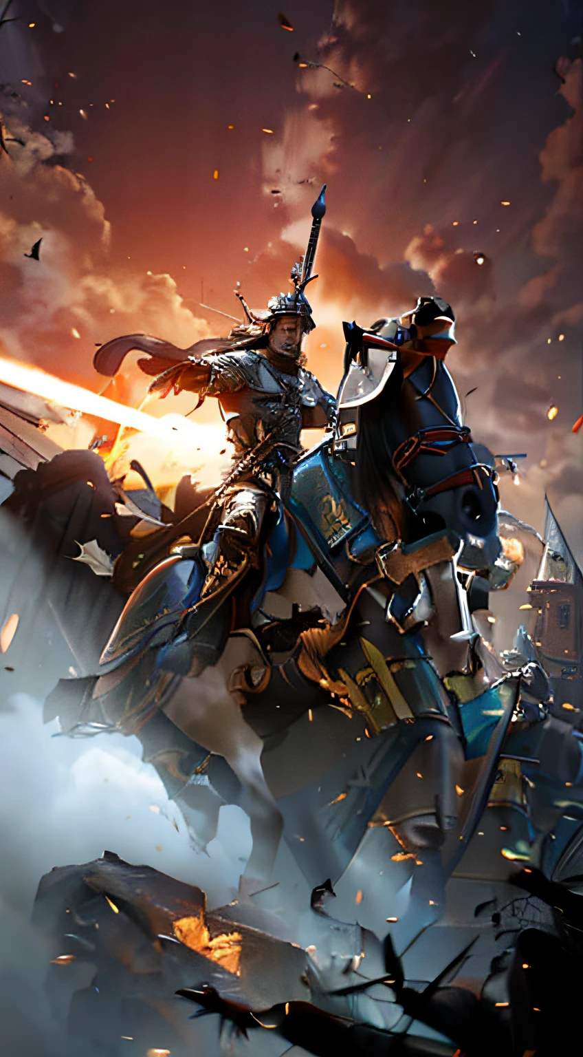 There was a man riding a horse，There was a sword on it, author：Ludwik Konarzewski Jr, detailed game art illustration, A scene from the《Plague 2》videogame, by Yang J, medieval fantasy game art, for honor charector concept art, author：Ludvik Konazevsky, tuomas korpi and wlop, epic battle scene