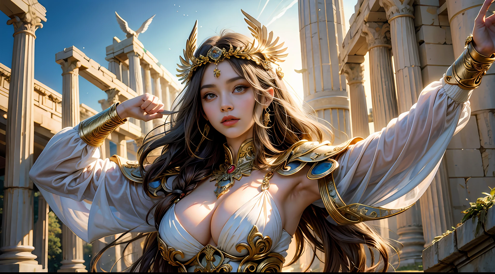 offcial art，统一 8k 壁纸，ultra - detailed，Beauty and aesthetics，high high quality，valkyrie，tmasterpiece，Best quality at best，（zentangle，datura，Tangles，entangled：0.6），greek temple，Large breasts，Heavy golden armor，complex patterns，magia