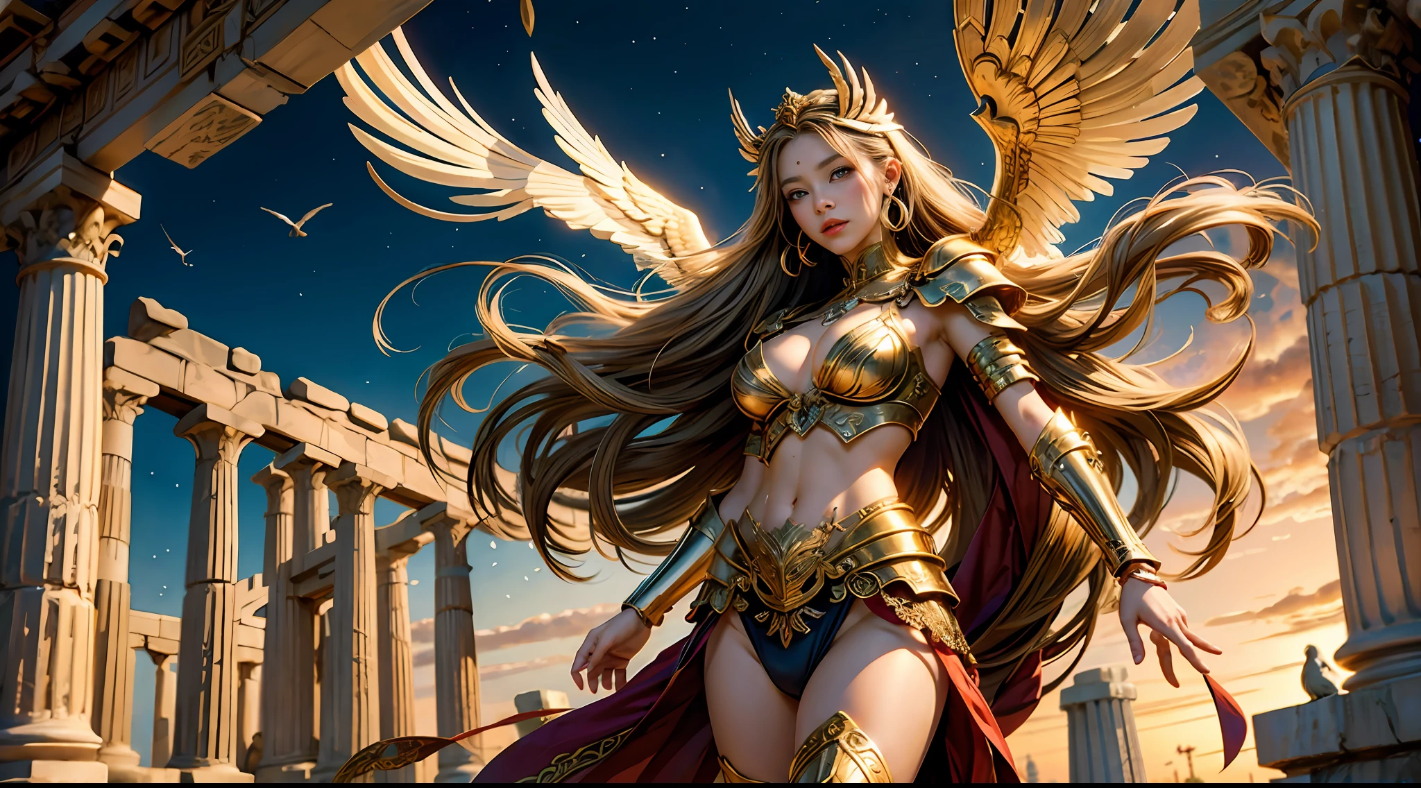offcial art,统一 8k 壁纸,ultra - detailed,Beauty and aesthetics,high high quality,valkyrie,tmasterpiece,Best quality at best,(zentangle,datura,Tangles,entangled:0.6),greek temple,Large breasts,Heavy golden armor,complex patterns,magia