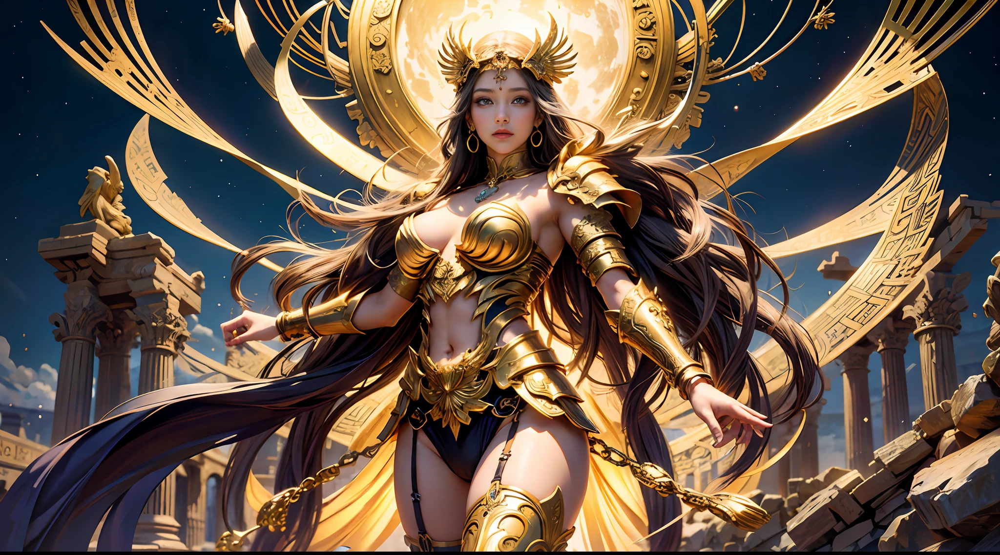 offcial art,统一 8k 壁纸,ultra - detailed,Beauty and aesthetics,high high quality,valkyrie,tmasterpiece,Best quality at best,(zentangle,datura,Tangles,entangled:0.6),greek temple,Large breasts,Heavy golden armor,complex patterns,magia