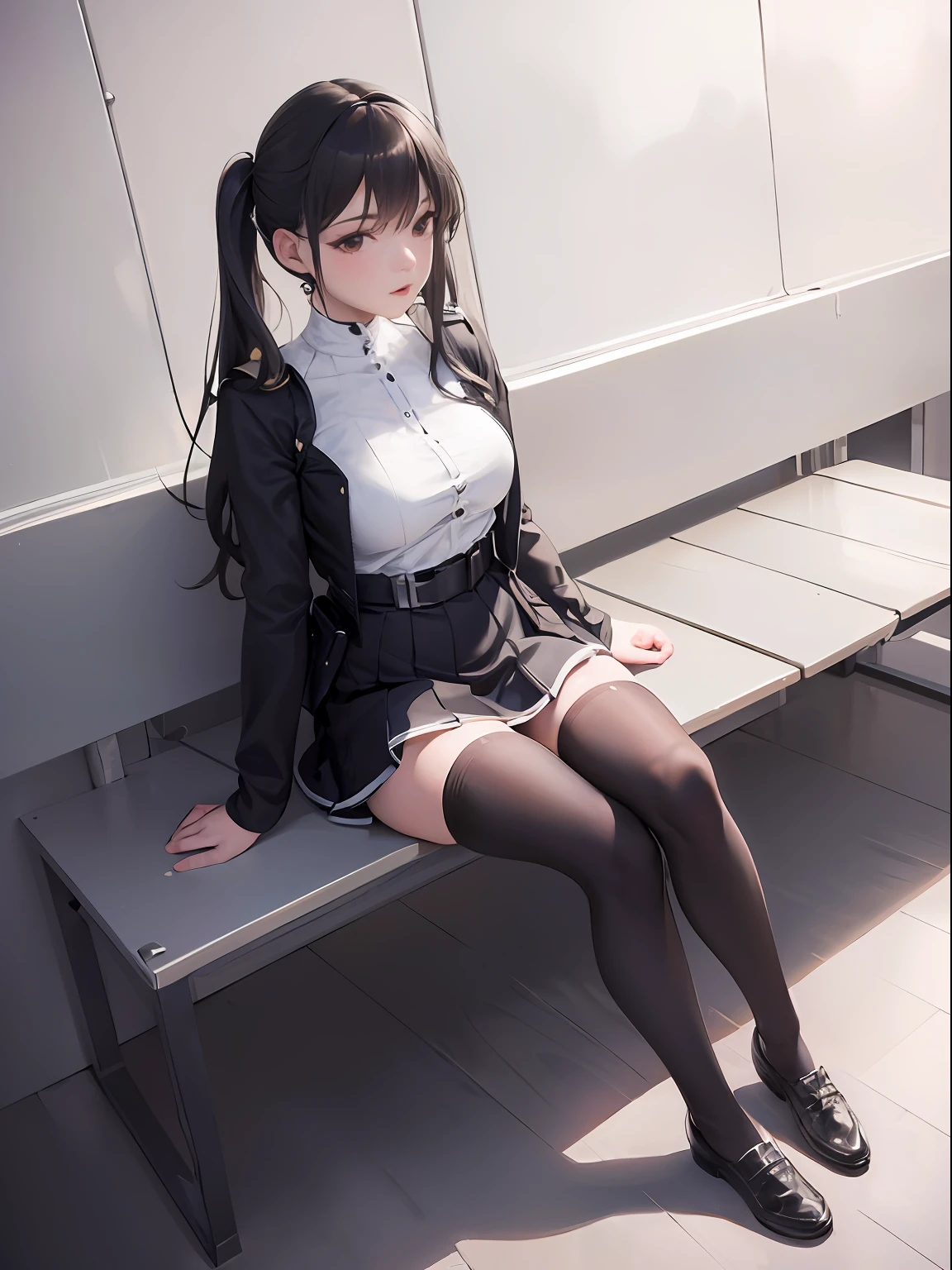 ((masterpiece, best_quality)), 1girl, (photorealistic:1.4),  solo, white_background, black_hair, long_hair,   zettai_ryouiki, skirt, ((full_body)),