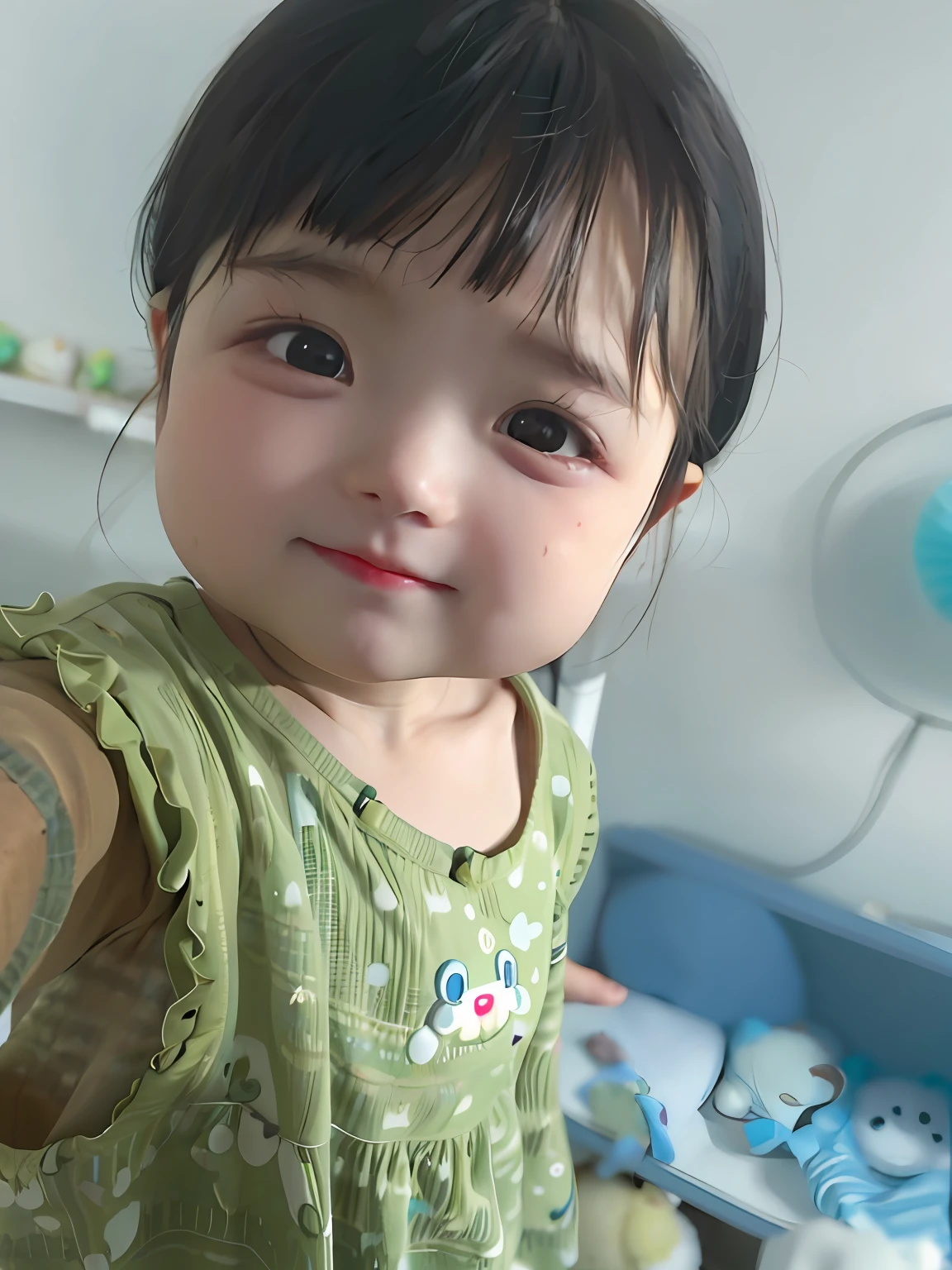 There was a baby standing in the room, with cute doting eyes, ruan jia beautiful!, Cute pout, Serious expression, young cute wan asian face, wan adorable korean face, Innocent face, stares at the camera, look straight at the camera, stares at the camera, Look at the camera intently，Minor eye bags