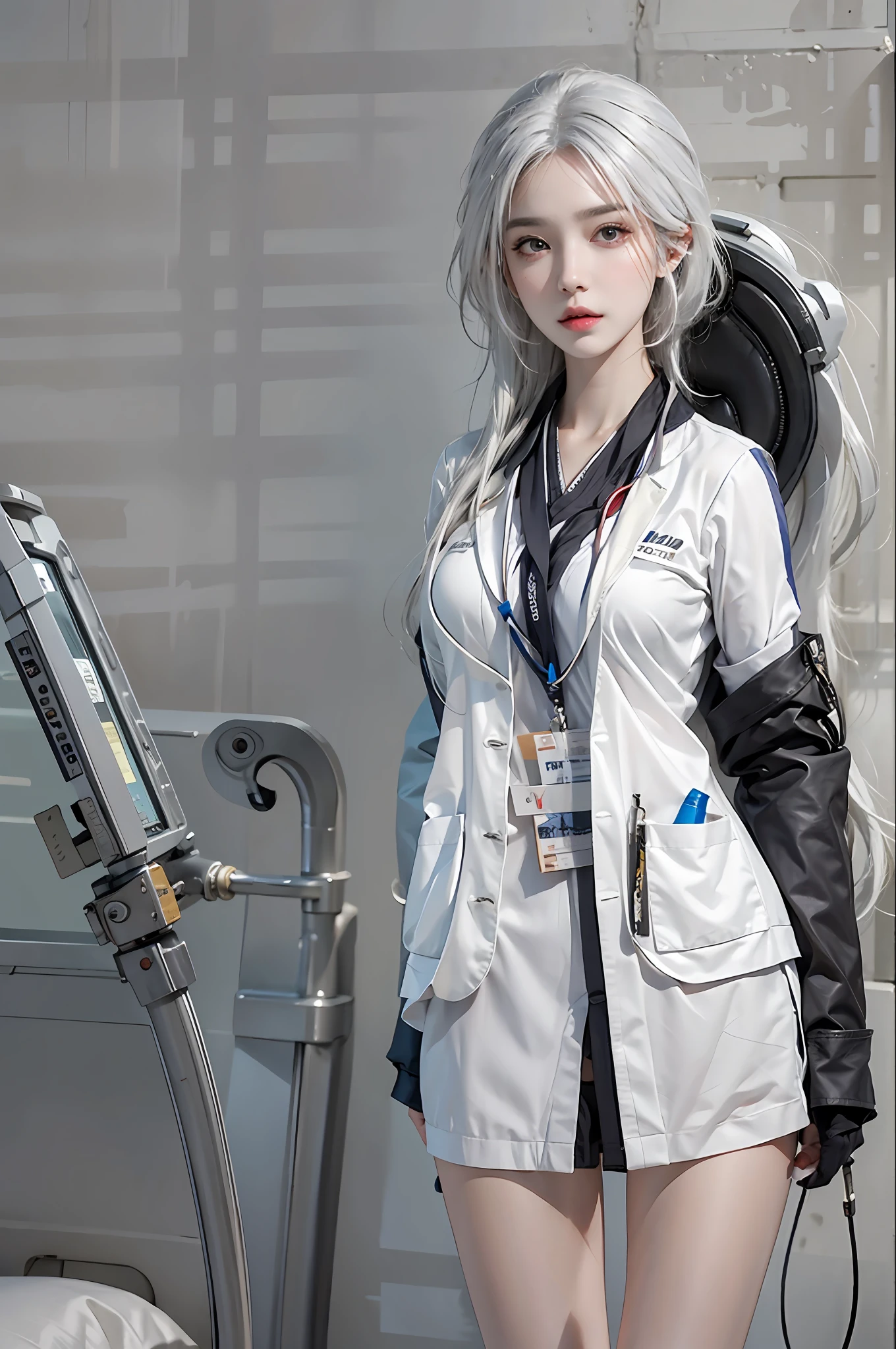 photorealistic, high resolution, 1women, solo, hips up, look at viewer, (detailed face), white hair, long hair, doctor outfit, stockings