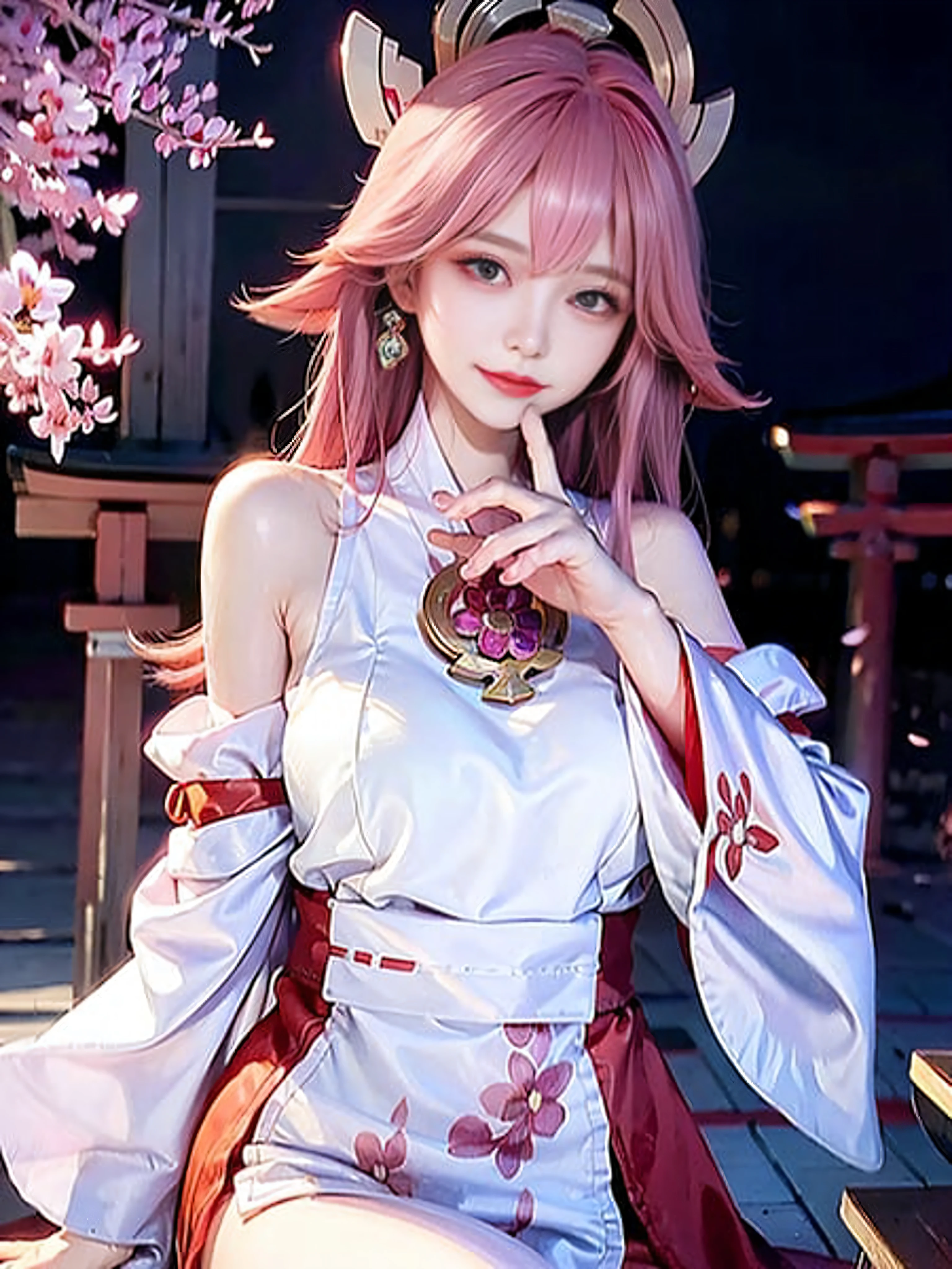 kpop idol, yae miko, detached sleeves, bare shoulders, pink hair, long hair, japanese clothes, best quality, (painting:1.5), (hair ornament:1.35), jewelry, purple eyes, earrings, breasts, torii, cherry blossoms, lantern light, depth of field face focus, ribbon_trim, (looking at viewer:1.25), nontraditional miko, shiny skin, long sleeves, smile, thick lips, hands on lips, east asian architecture, (blurry background:1.2), sitting, upper body,((ultra high res, 8k, RAW photo, best quality, masterpiece:1.47746,realistic:1.4, photo-realistic:1.4,cinematic lighting:1,intricate details:1,raw photo:1))(((ultra-detailed:1.47746))),professional lighting,((physically-based rendering:1)), ((ruddy skin:1,sweat))lens flare,ray tracing ,(extremely detailed face, beautiful detailed eyes,expressive hair:1.5,shiny hair;1)cinematic lighting,(vivid expression) (body muscle:1) solo(1girl:1.5)((smiling:1),(plump figure:1,blance body:1)(realistic hand,realistic clothes)