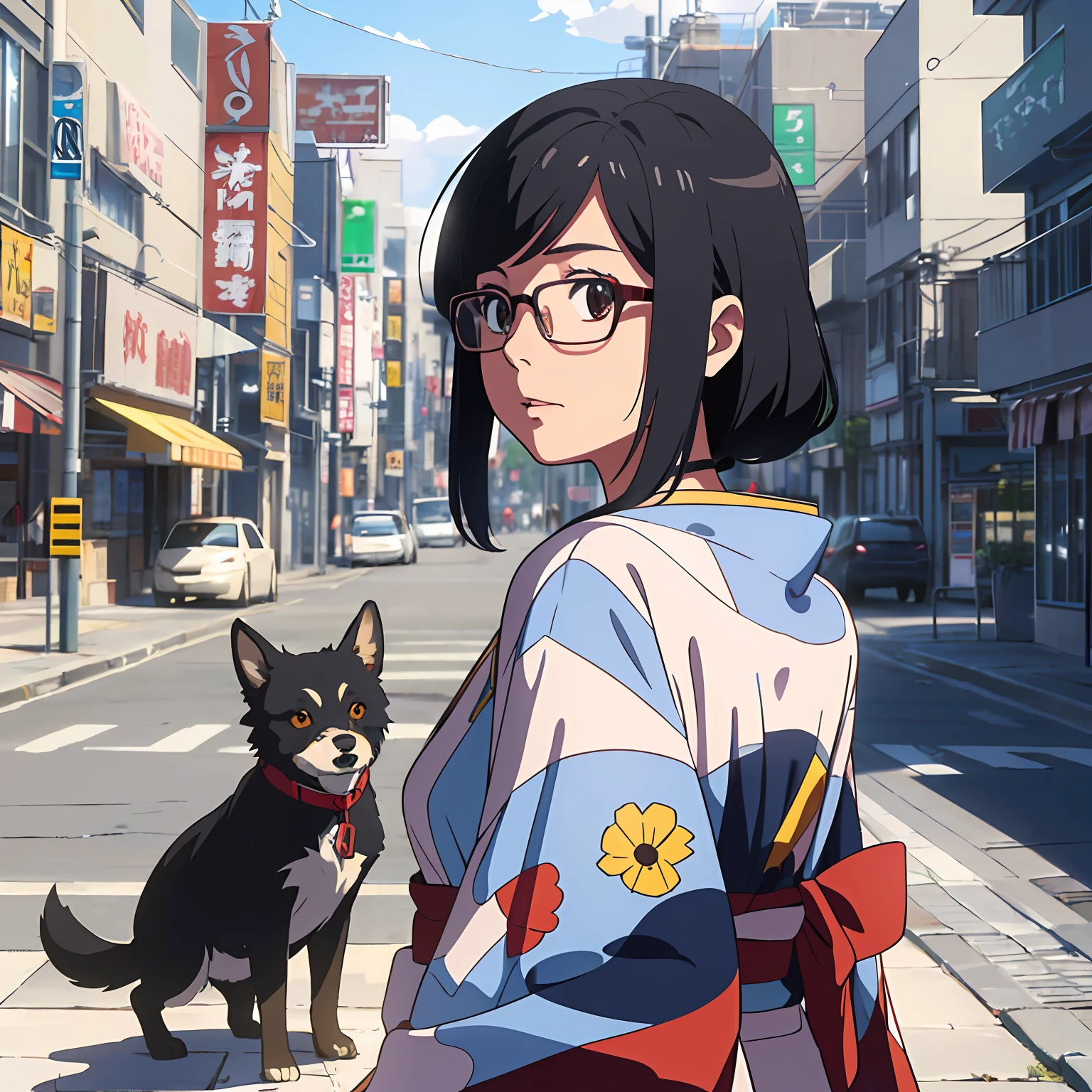 (melhor qualidade, 8k, 32k, master part, UHD: 1.2, ray tracing: 1.2, real: 1.2), 1Girl with glasses, cabelos ruivos, passeando com dois cachorros spitz, Japanese urban setting. Estilo anime, Ghibli, Chihiro.