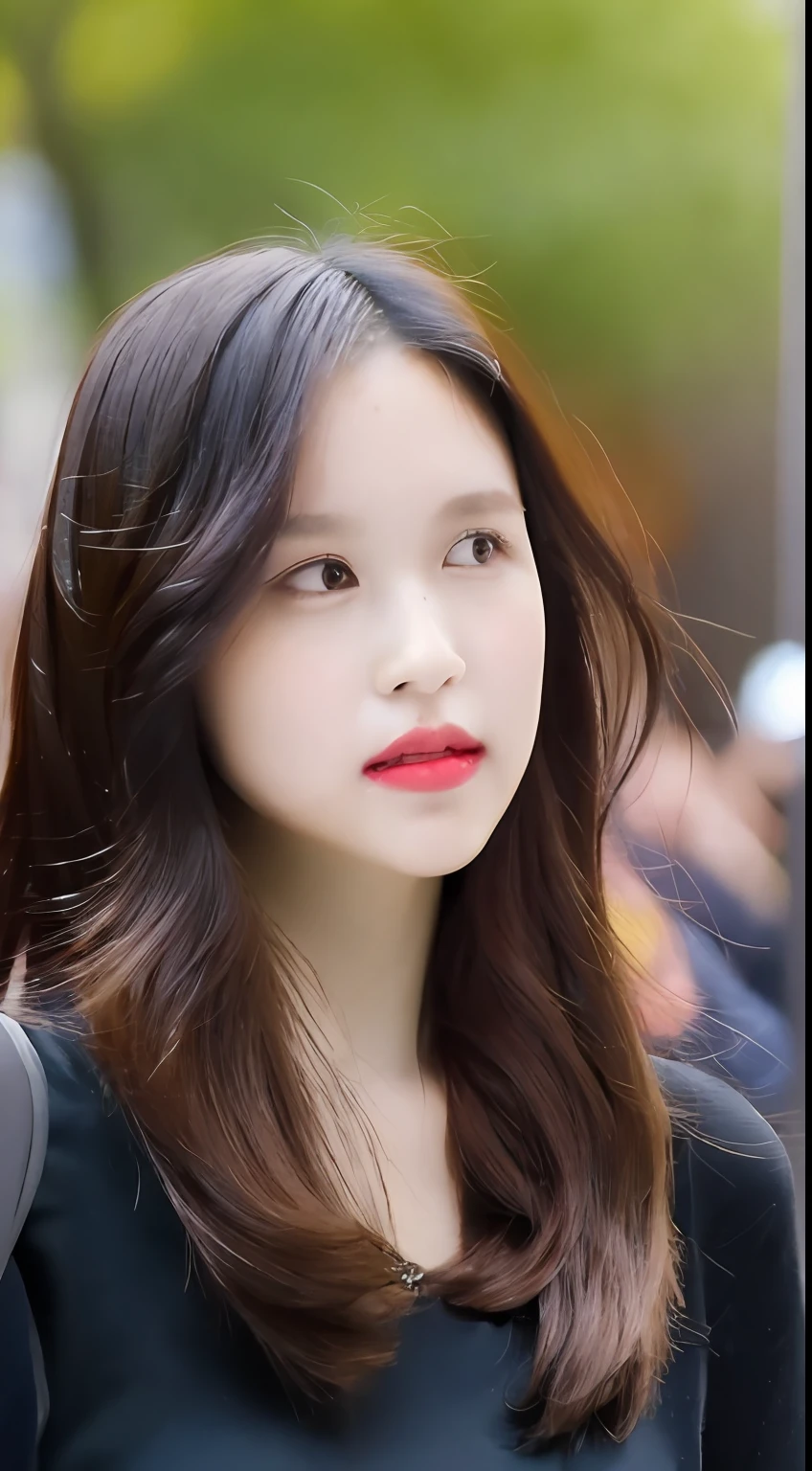 Mina, ((Best quality, 8K, Masterpiece: 1.3)), Upper body (1.3), Outstanding style, Natural makeup, Clothes for emphasis, Refreshing, Have lunch at a café in the sun,Walk through the trees of the city