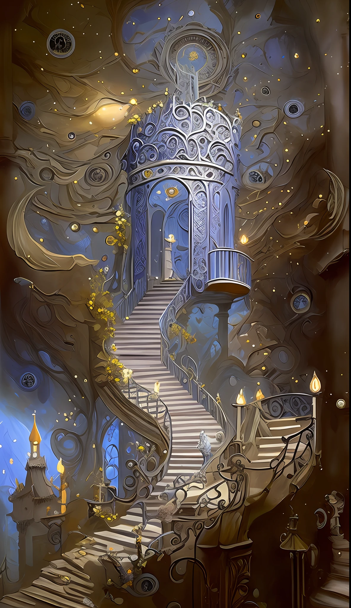 a painting of a stairway leading to a castle with a clock tower, intricate fantasy painting, detailed dreamscape, fantasy highly detailed, beautiful detailed fantasy, painting of a dreamscape, dreamy and detailed, highly detailed fantasy art, fantasy. intricate, entrance to ethereal realm, magical realism style, magic fantasy highly detailed, highly detailed visionary art, rob mcnaughton