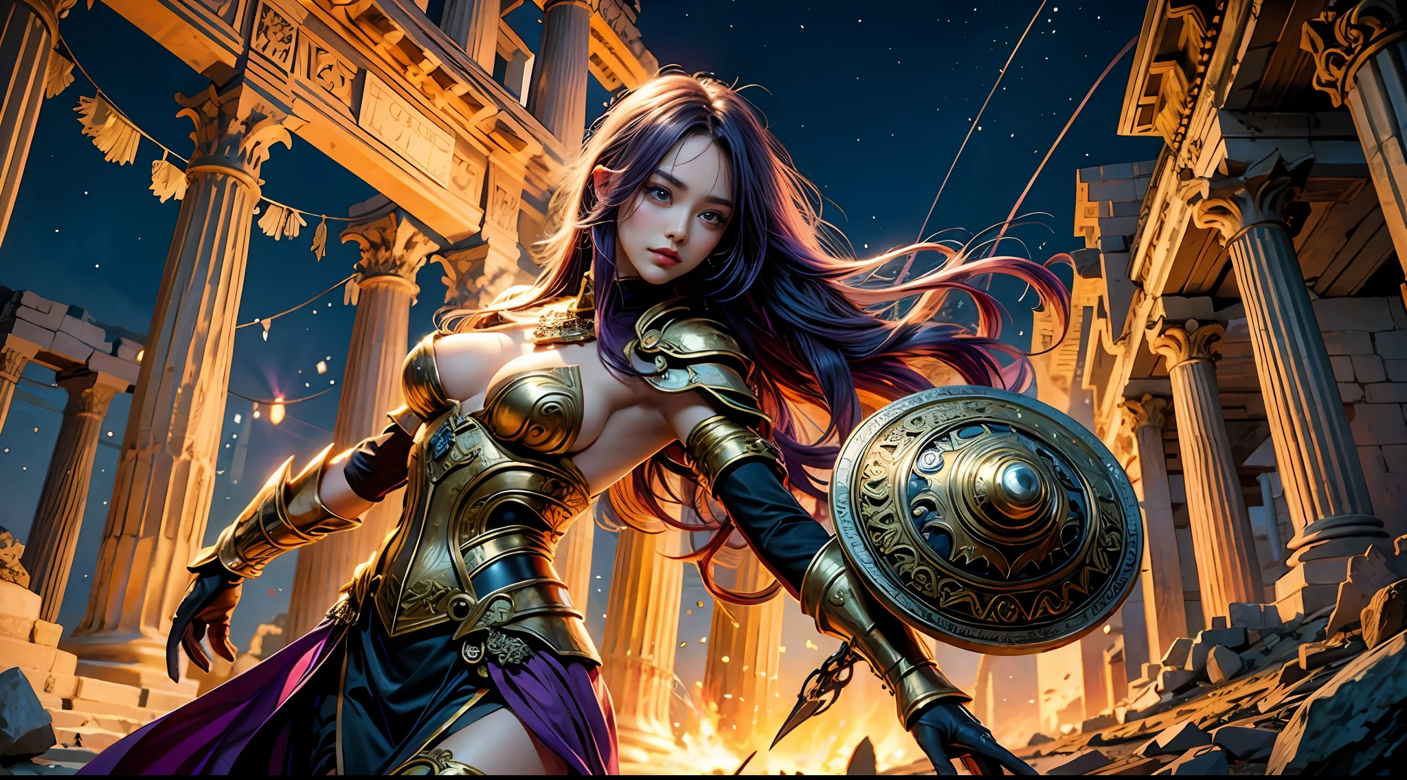 offcial art,统一 8k 壁纸,ultra - detailed,Beauty and aesthetics,high high quality,Valkyrie,tmasterpiece,Best quality at best,(zentangle,datura,Tangles,entangled:0.6),Greek temple,Large breasts,Purple colored hair,Heavy golden armor,Holding a shield,complex patterns,magia