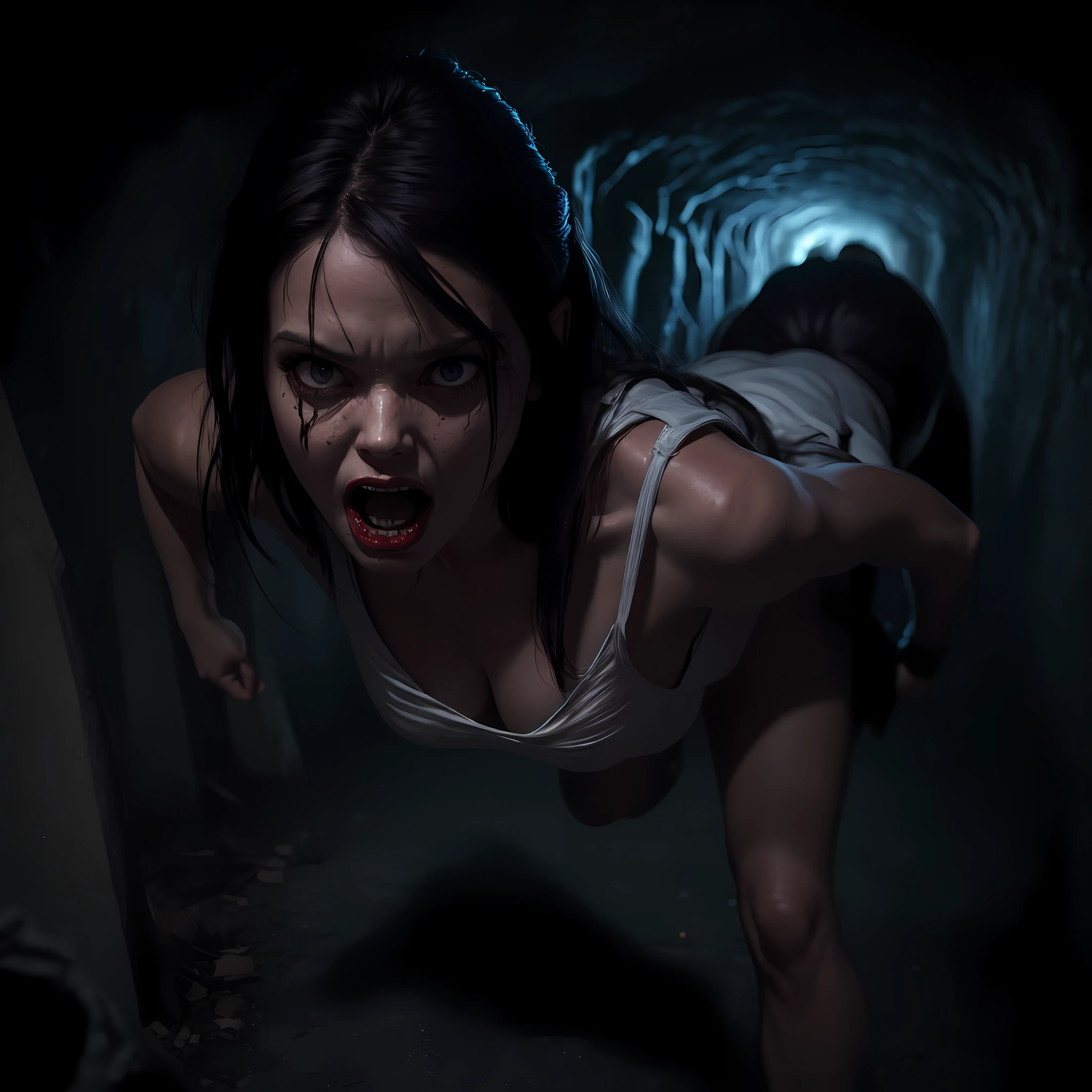 horror art, dread, Best quality, masterpiece, ultra high res, (photorealistic:1.4), Action shot of terrifying ghost chasing after the viewer, dynamic running, in a decrepit underground tunnel in Hell, creepy, white dress, unnerving, unsettling, terrifying, 80mm, horror lighting, dynamic action