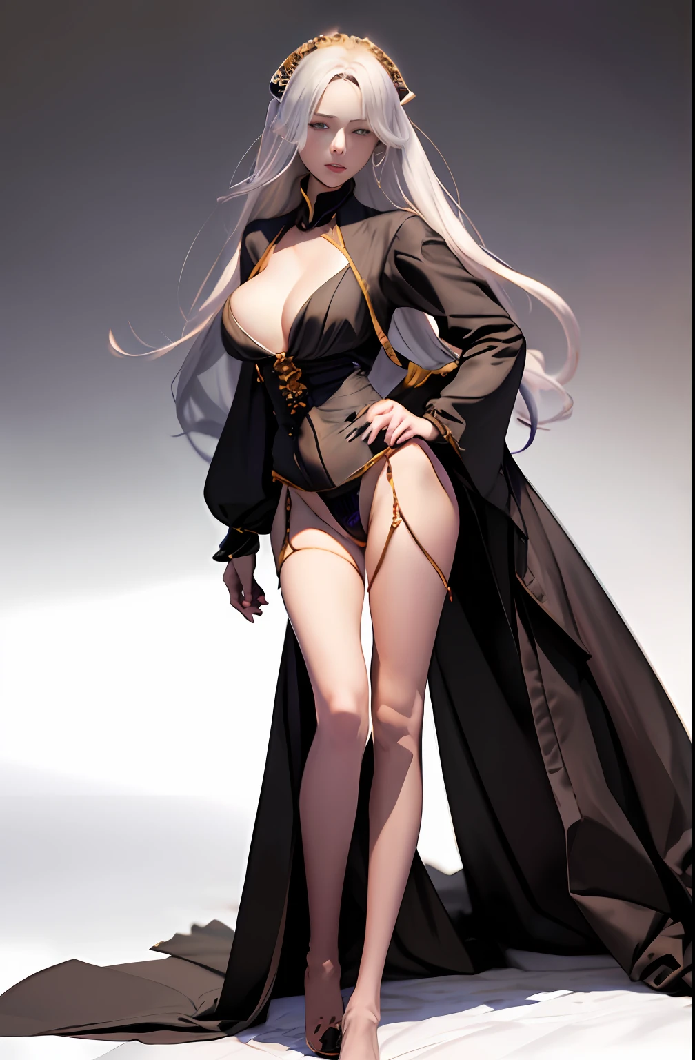 Master anime works,An impeccable masterpiece,8K picture quality: A full-fledged noblewoman was tied to a column,The legs are separated,solid color backdrop,Wear cool and sexy clothes,Female boss,Flowing silver hair,Full-body standing,Slender legs,Straight breasts,Detailed facial details,Naturally beautiful standing,Vivid and authentic body details