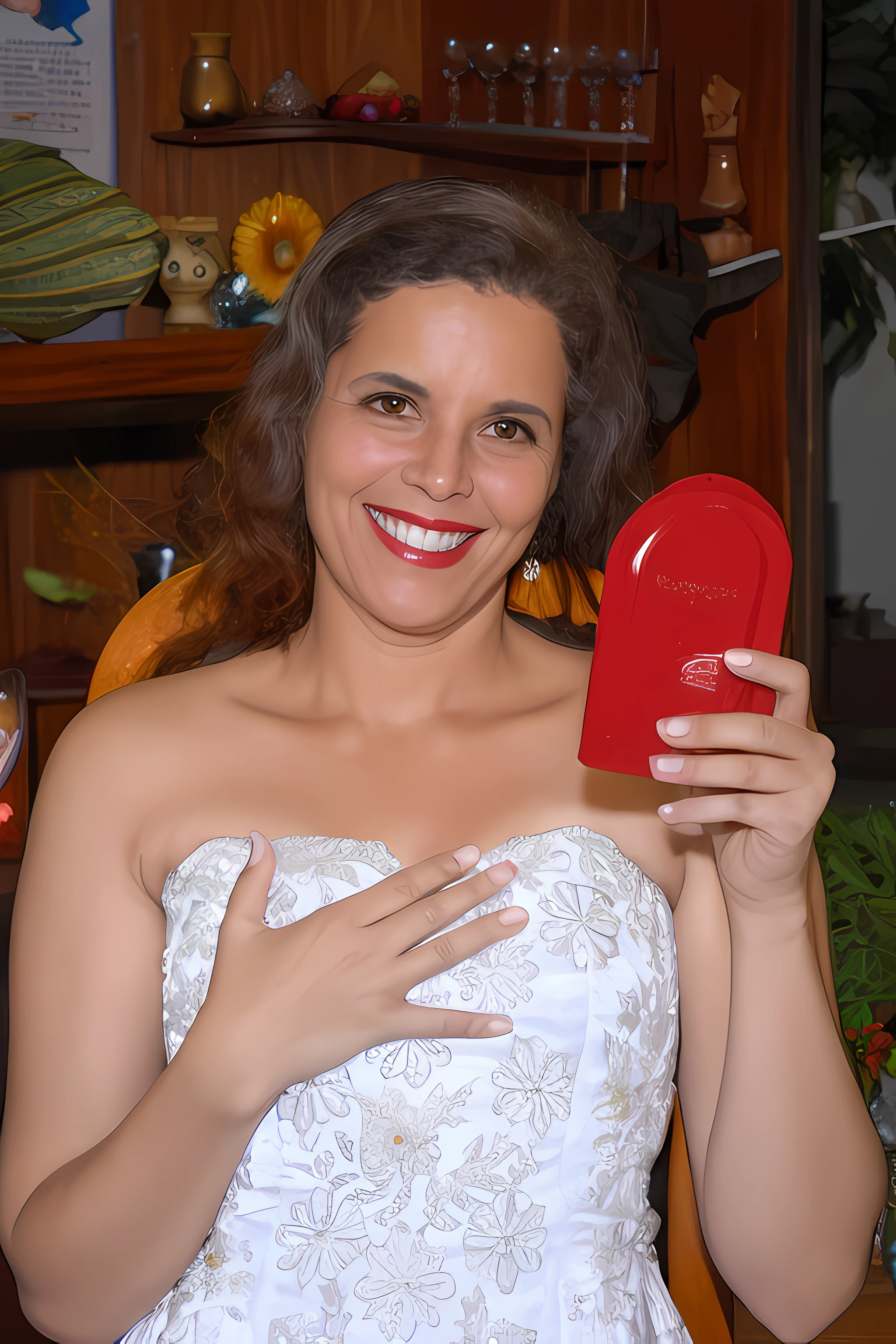 Smiling woman holding a red object in her hand in a room, inspirado em Maria Helena Vieira da Silva, Sandra Chevier, by Almada Negreiros, 3 5 year brazilian mother, inspired by Almada Negreiros, by Maria Helena Vieira da Silva, Malika Favre, fernanda suarez, photo shoot