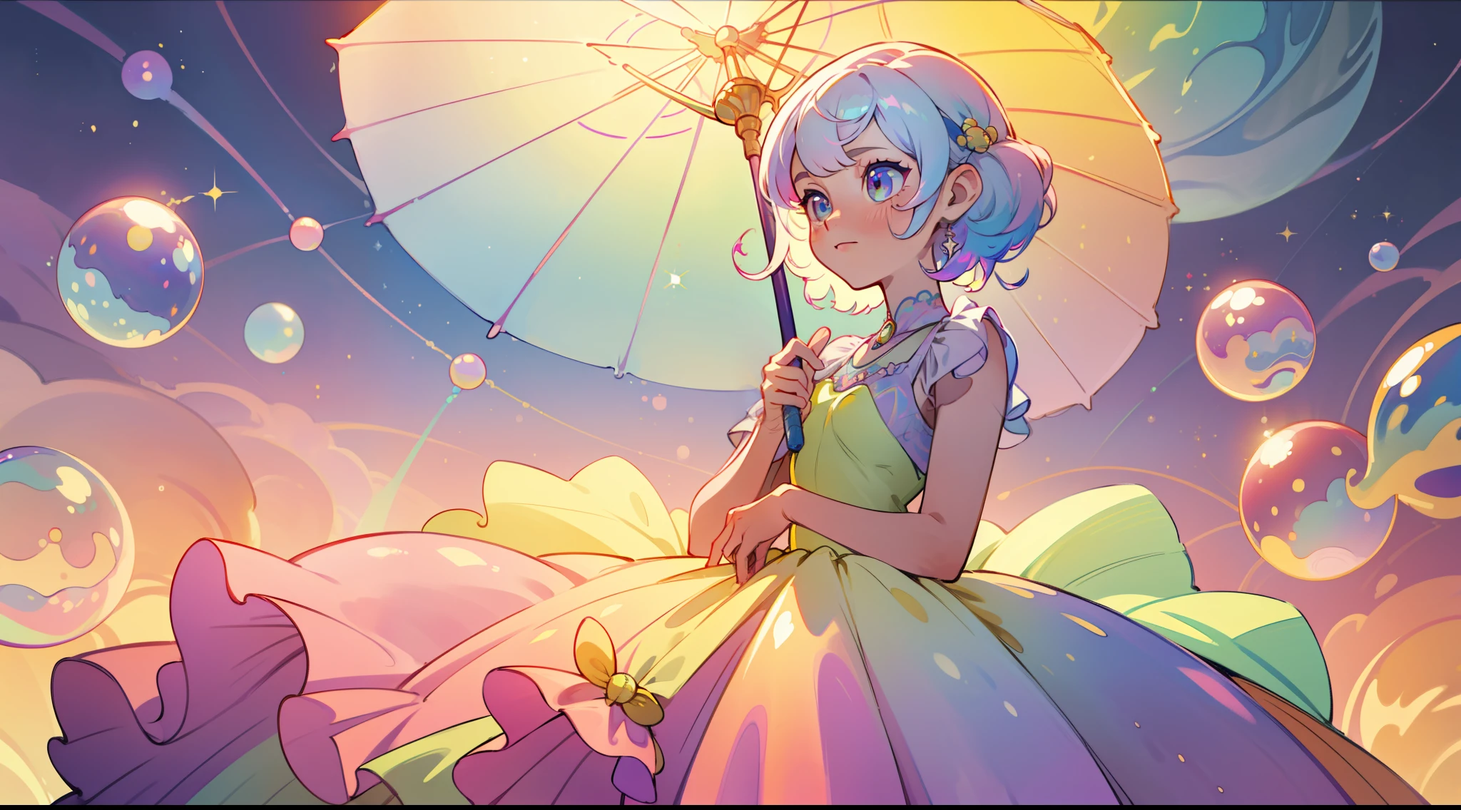 masterpiece, best quality, 8k resolution, sharp focus, intricate detail, beautiful girl, sparkling eyes, golden ratio face, otherworldly liquid, watercolor, ((pastel colors)), bright colors, whimsical, colorful, sharp focus, high resolution, fine detail, ((layered ballgown)), iridescent bubbles