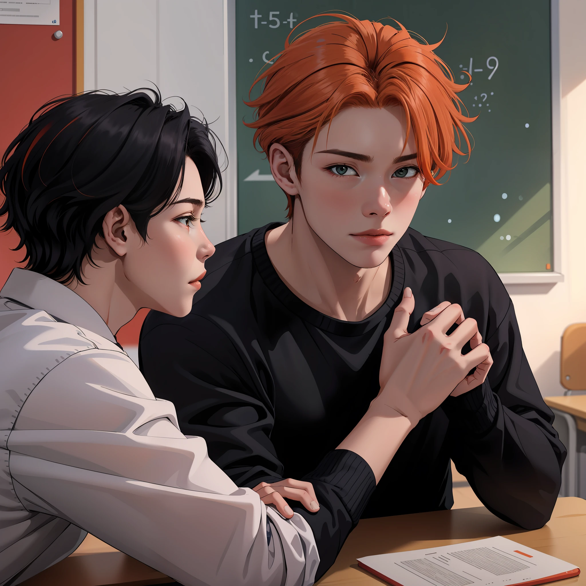 Two 15-year-old orange-haired age friends chatting at school share a secret that they're almost friends with siblings... (usar los mismo personajes)