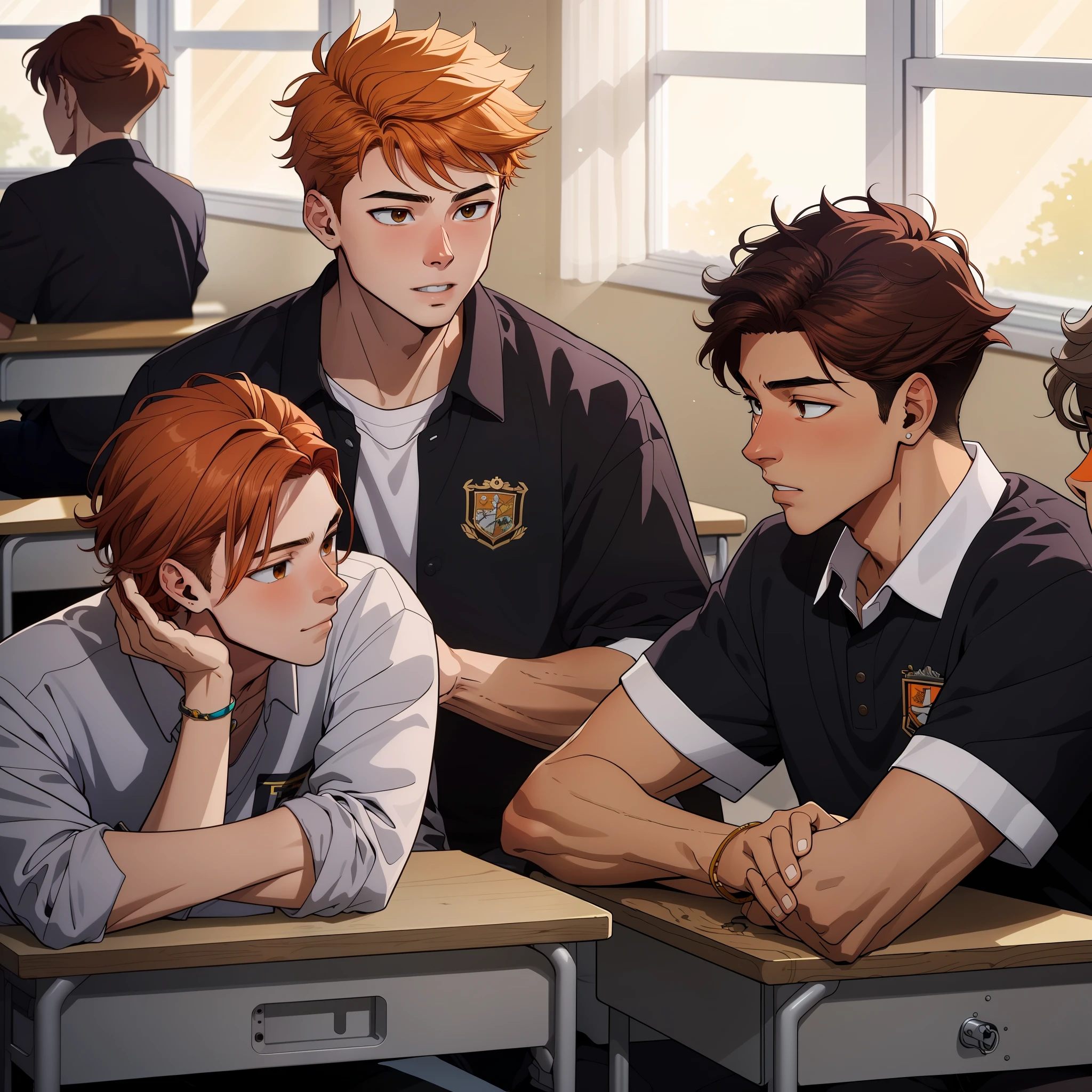 -yeld maadolescents with brown Latin skin and orange hair, estan en la escuela hablan preocupados sobre algo importante