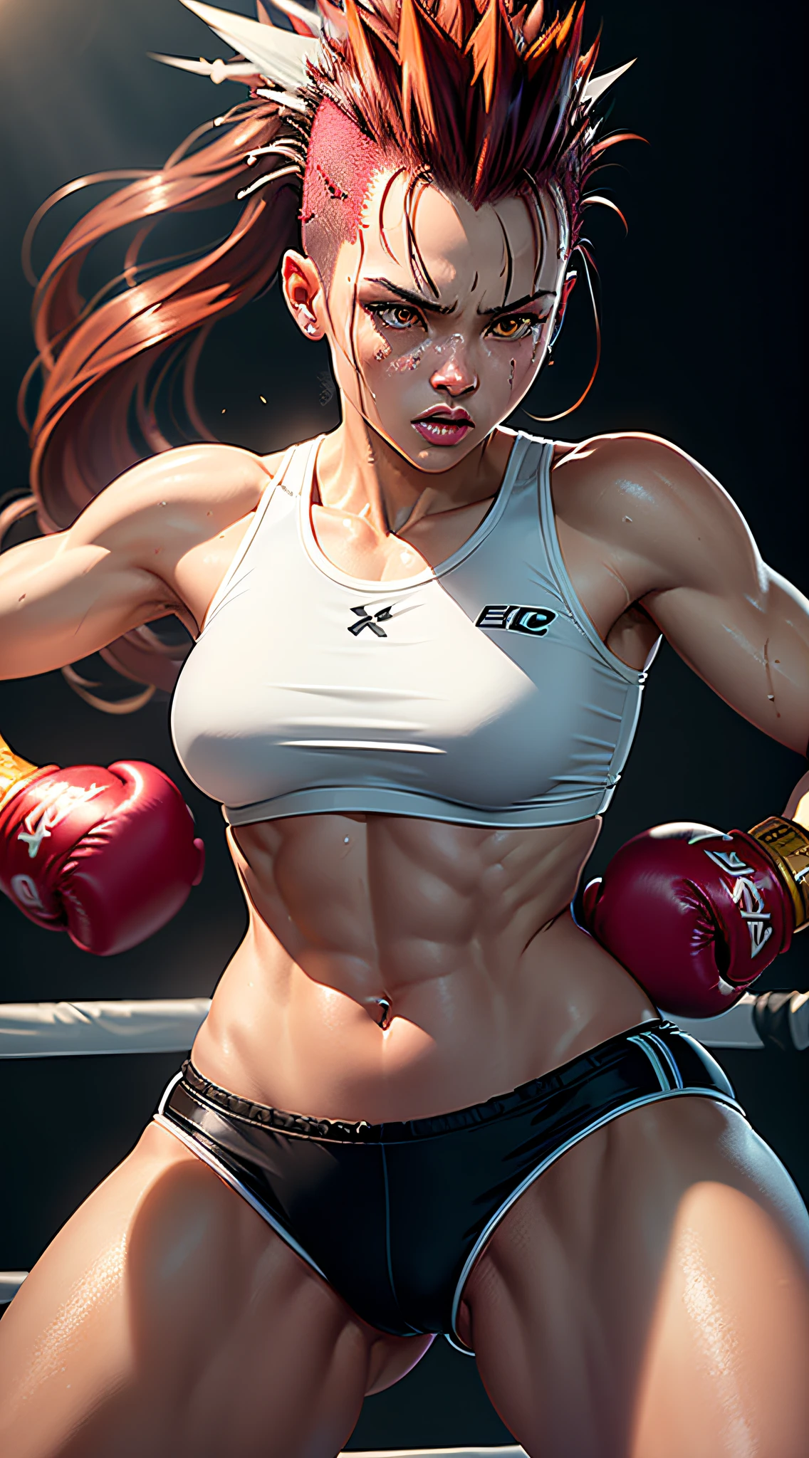 (original), (very detailed wallpaper), (best quality), (masterpiece), Photorealistic, realistic, very detailed illustrations, (1 girl), beautiful yellow eyes, shining eyes, (delicate face), perfect details , ((dark skin)), (better lighting), (super intricate detail), (boxer), (aggressive punches), ((wear boxing gloves)), sweat, heavy breathing, (oppressive strike), (boxing ring), shorts sports white, perfect details, perfect limbs, impact, (glowing skin), abdomen, muscular, waist, boxing shorts, brawl, very long red hair, (epic mohawk:1.3),  (super detailed CG: 1.2), (8K: 1.2) , realistic, octane rendering