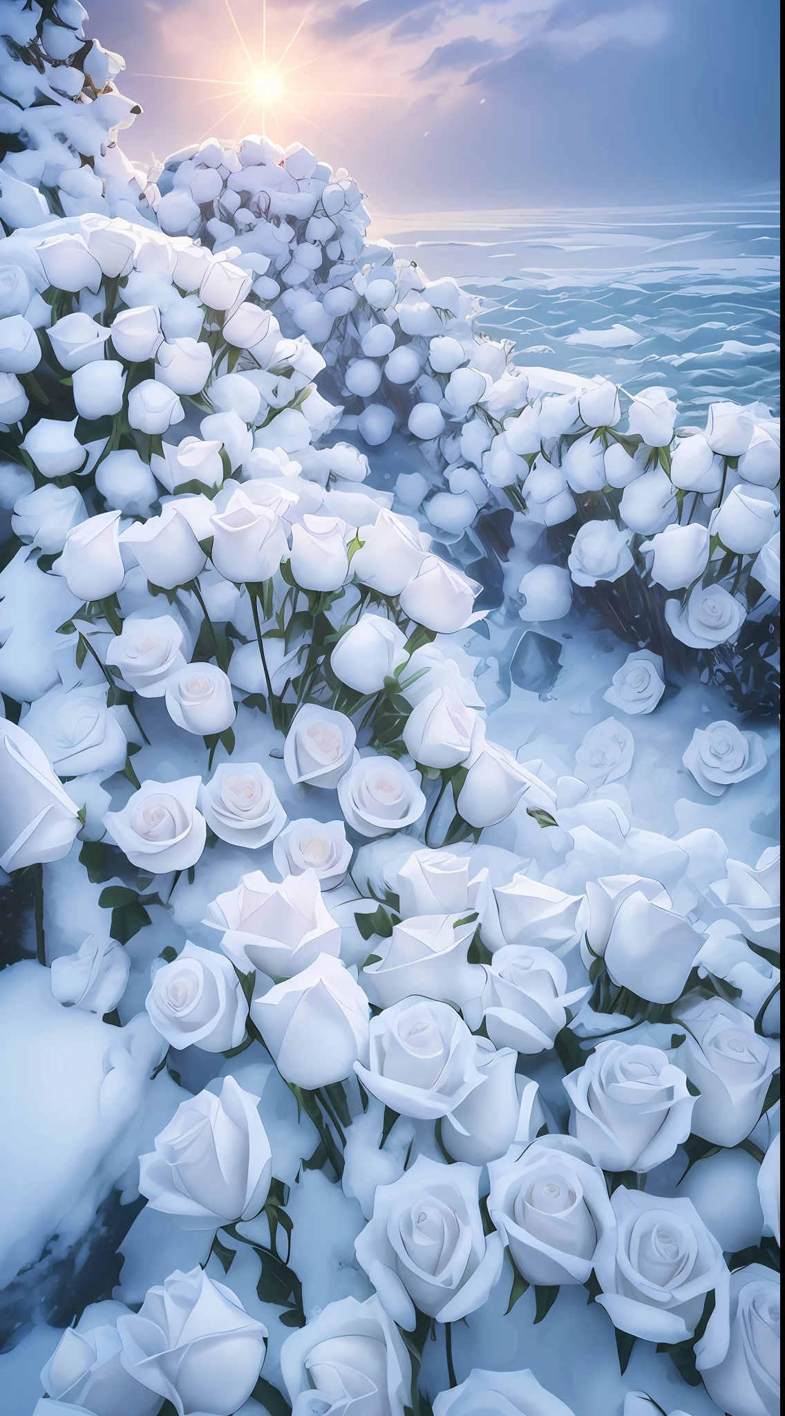 The steps of the snowy path are covered with flowers, with frozen flowers around her, beautiful aesthetic, rosses, rosette, Unbelievably beautiful, Beautiful image, White roses, maxim sukharev, Beautiful flowers, Beautiful composition, sergey krasovskiy, with soft bushes, beautiful flowers growing, Cold but beautiful, soft white glow, sergey vasnev