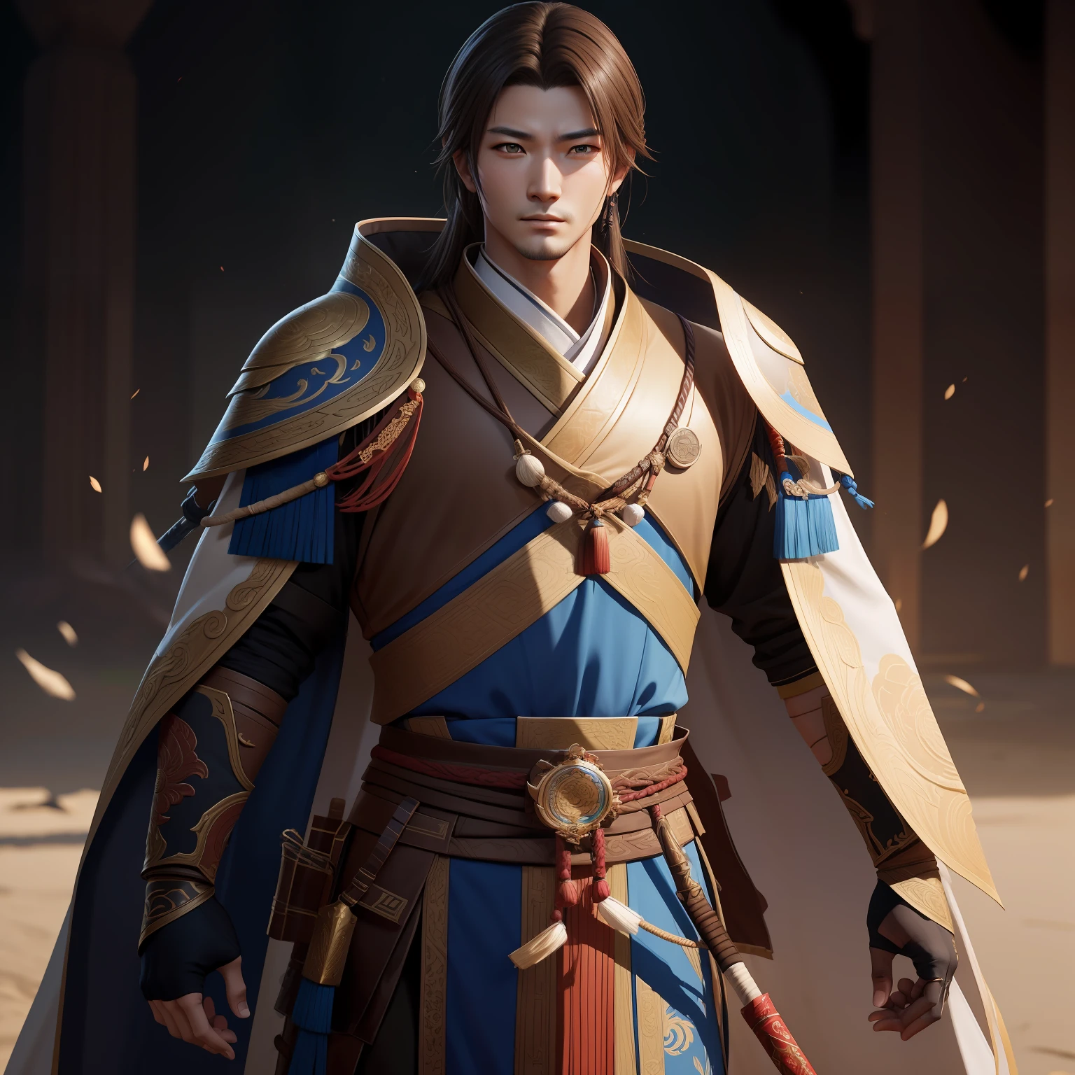 a close up of a man in his 30's, with brown eyes and brown hair, wearing a desert themed outfit, a hero in wuxia style, with brown eyes, martial artist holding a staff, standing in a chinese monastary, new costume concept design, in the style of blade and soul, full body character concept, detailed character design, inspired by Yang Jin, inspired by Li Mei-Shu, chinese costume, inspired by Lan Ying, inspired by Sim Sa-Jeong, inspired by Li Tang, lunar themed attire, costume with blue accents, inspired by Ju Lian, colored concept art, highly detailed character design, highly detailed face, inspired by Ai Xuan, very highly detailed face, unreal engine render, final fantasy 14 style, inspired by Leng Mei