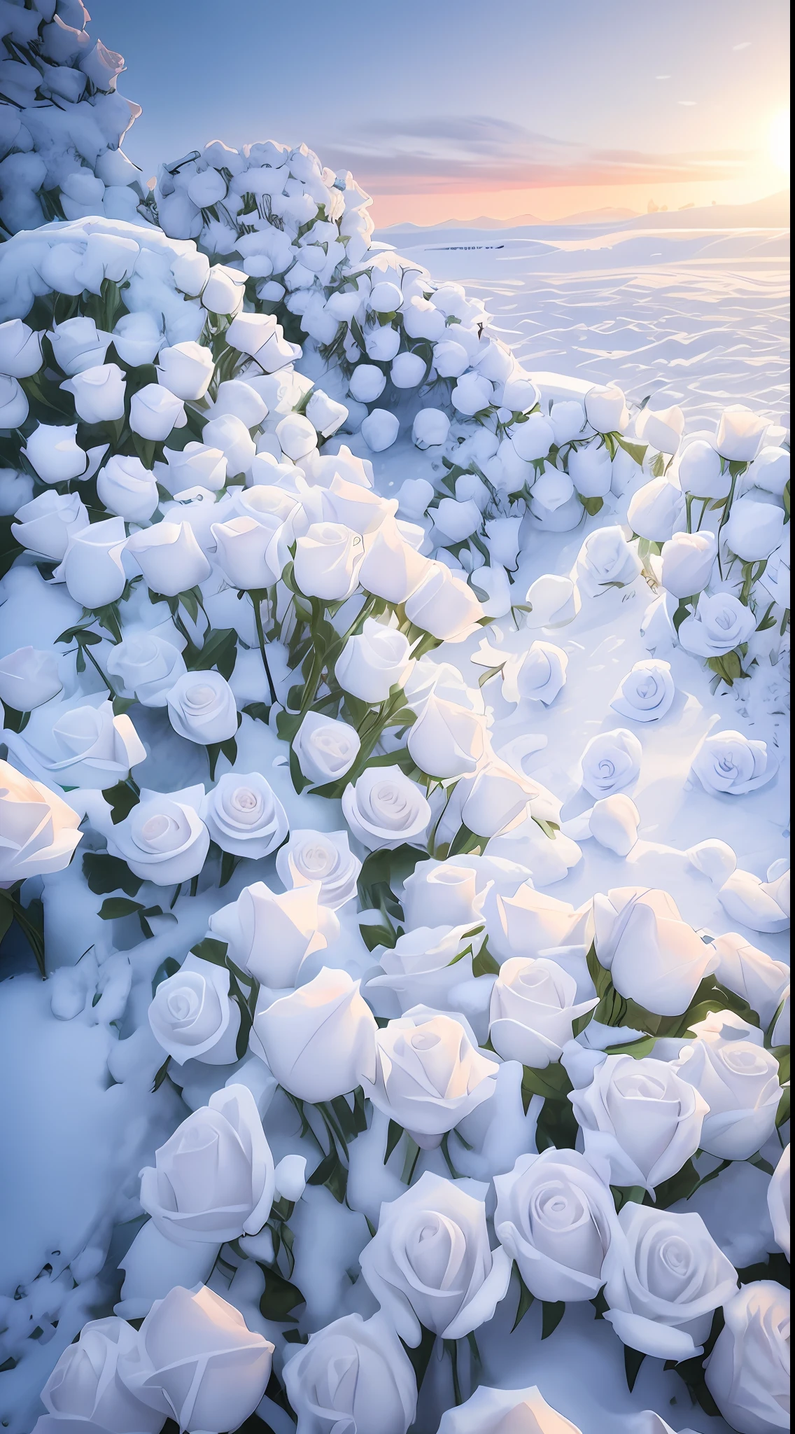 The steps of the snowy path are covered with flowers, with frozen flowers around her, beautiful aesthetic, rosses, rosette, Unbelievably beautiful, Beautiful image, White roses, maxim sukharev, Beautiful flowers, Beautiful composition, sergey krasovskiy, with soft bushes, beautiful flowers growing, Cold but beautiful, soft white glow, sergey vasnev