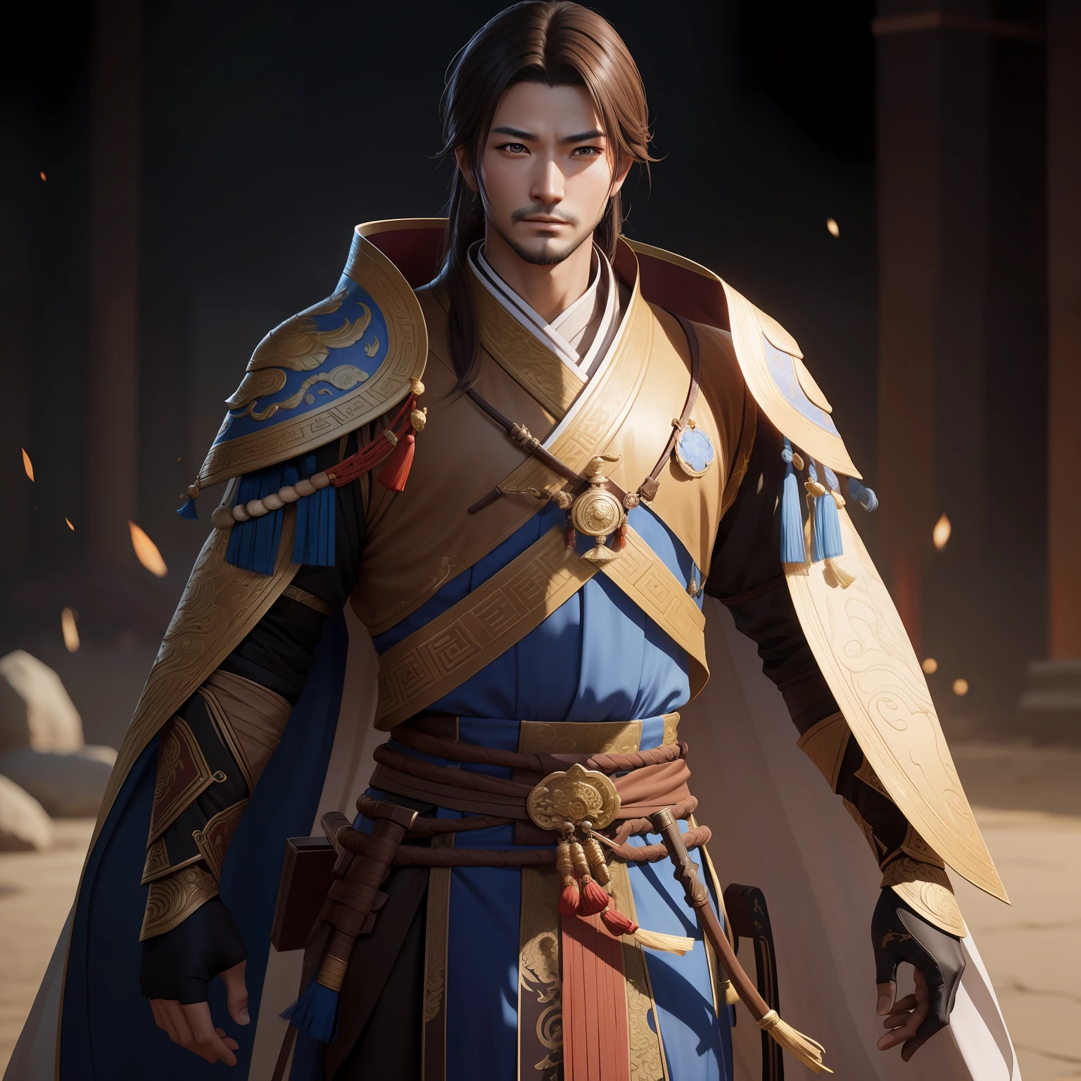 a close up of a man in his 30's, with brown eyes and brown hair, wearing a desert themed outfit, a hero in wuxia style, with brown eyes, martial artist holding a staff, standing in a chinese monastary, new costume concept design, in the style of blade and soul, full body character concept, detailed character design, inspired by Yang Jin, inspired by Li Mei-Shu, chinese costume, inspired by Lan Ying, inspired by Sim Sa-Jeong, inspired by Li Tang, lunar themed attire, costume with blue accents, inspired by Ju Lian, colored concept art, highly detailed character design, highly detailed face, inspired by Ai Xuan, very highly detailed face, unreal engine render, final fantasy 14 style, inspired by Leng Mei