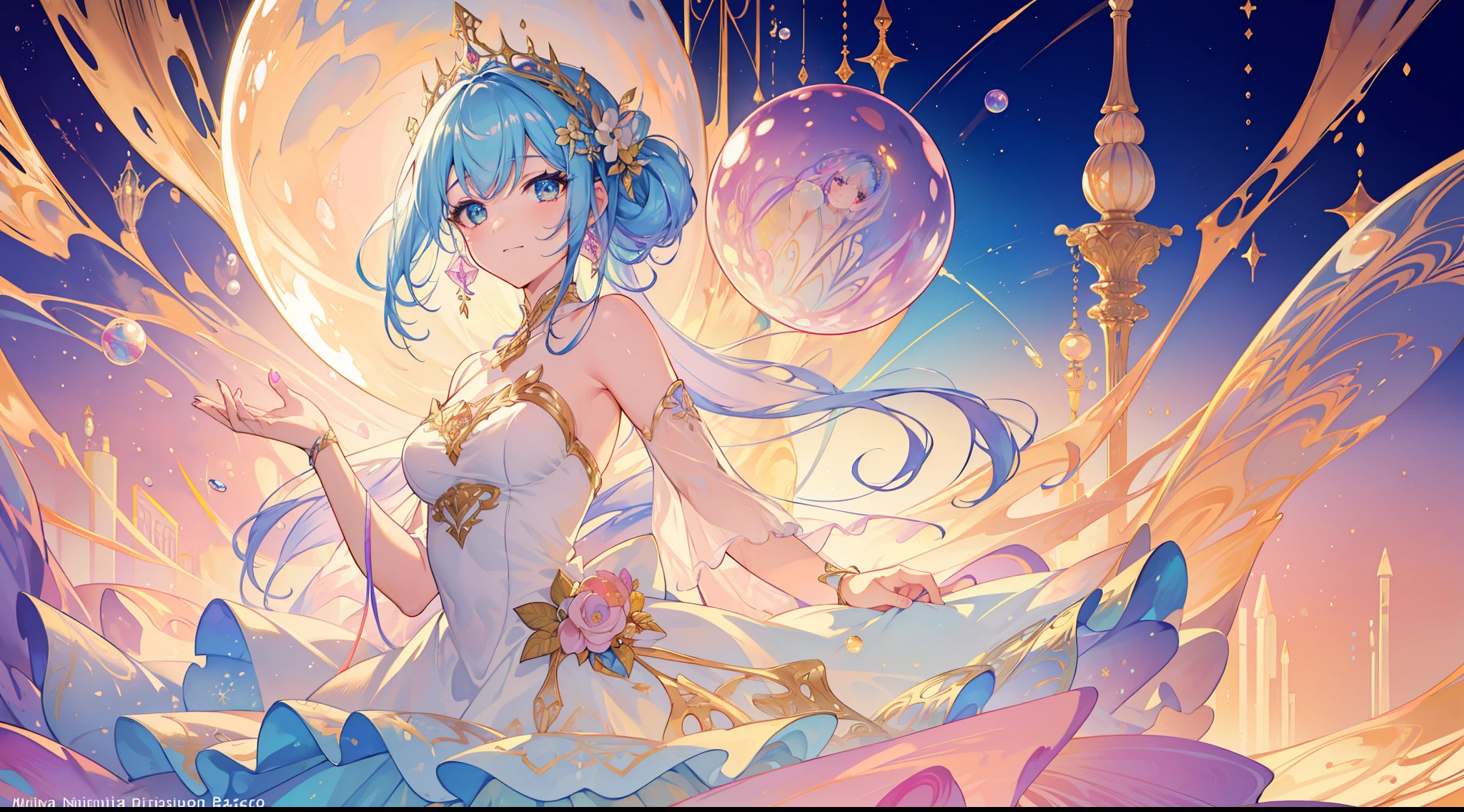 masterpiece, best quality, 8k resolution, sharp focus, intricate detail, beautiful girl, sparkling eyes, golden ratio face, otherworldly liquid, watercolor, ((pastel colors)), bright colors, whimsical, colorful, sharp focus, high resolution, fine detail, ((layered ballgown)), iridescent bubbles
