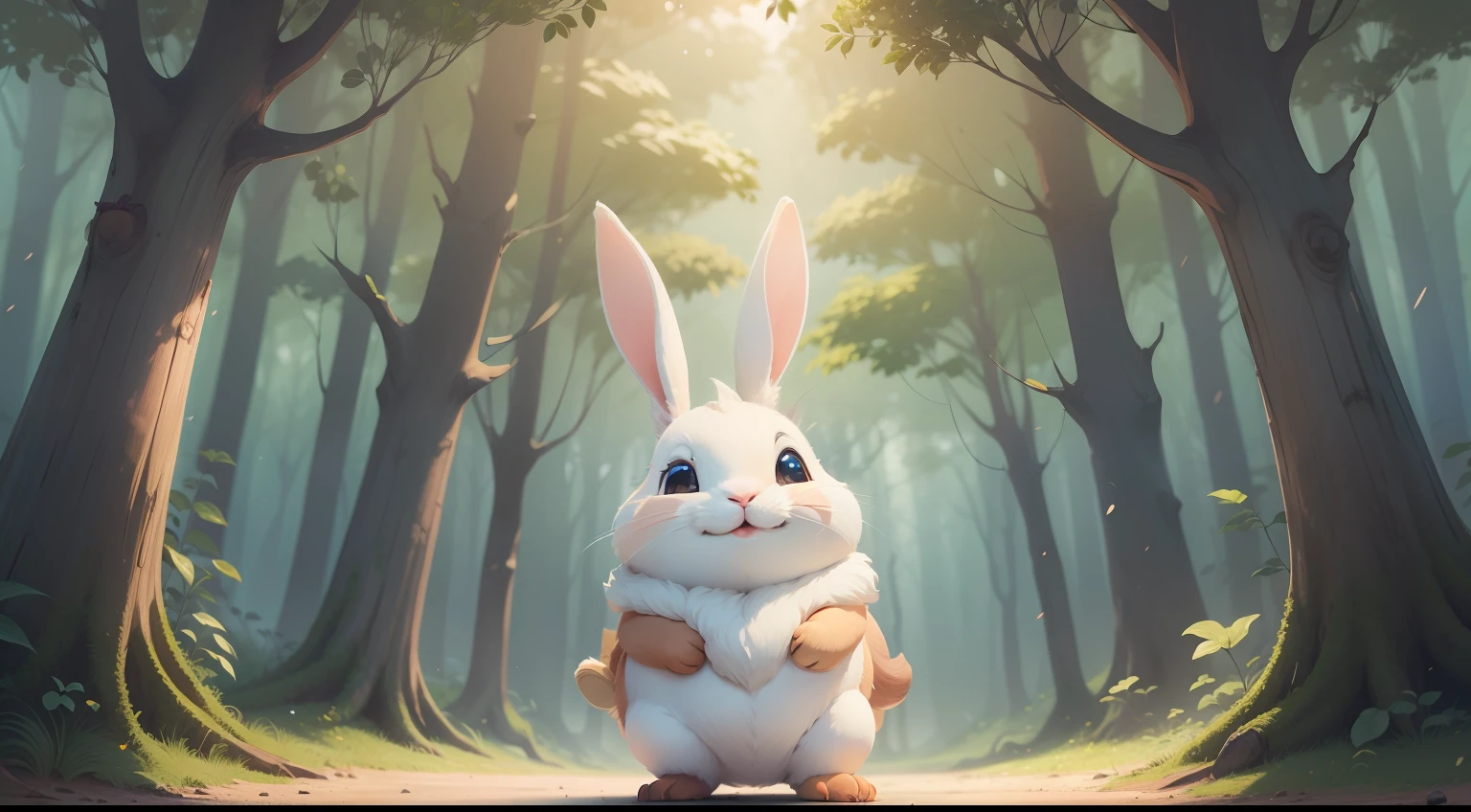 Create an illustration of a cute rabbit, de orelhas grandes, Friendly smile in the middle of an enchanted forest