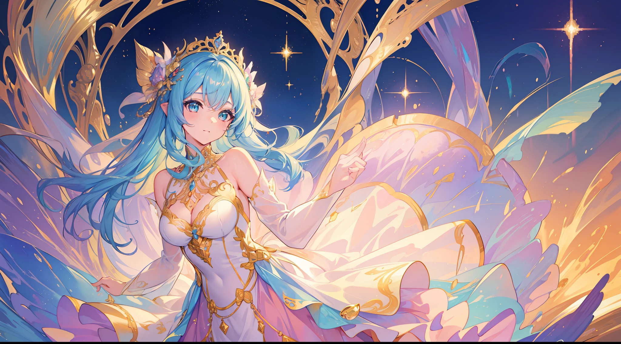 masterpiece, best quality, 8k resolution, sharp focus, intricate detail, beautiful girl, sparkling eyes, golden ratio face, otherworldly liquid, watercolor, ((pastel colors)), bright colors, whimsical, colorful, sharp focus, high resolution, fine detail, ((layered ballgown)), iridescent bubbles