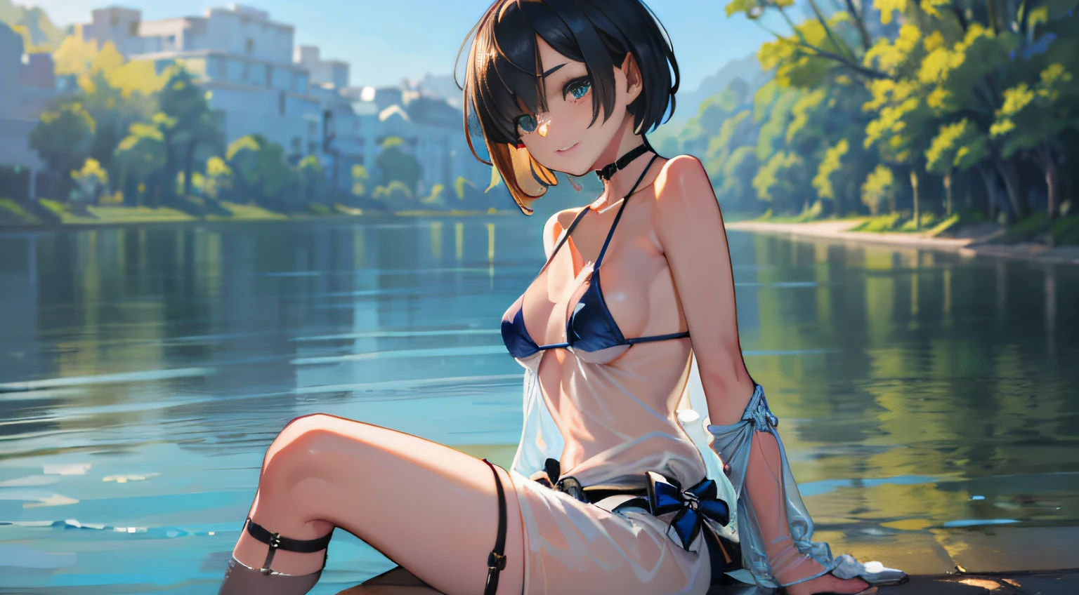 (NSTDA.:1.2), (10, beste-Qualit, master-piece: 1.4), ultra-high resolution, (lifelike, photorealistic portrait: 1.48), 25 years old, Cute Girl, (See through the microcolor bikini beetle:1.48), Famous Japanese actors, (hair over one eye:1.3), Blue Eyes, Head tilt, cowboy shot, from the side, looking at the audience, expressionless, Beautiful lake, Zeiss 150mm F/ 2.8 Hasselblad, Whole body, foot, Ultra-Wide Angle