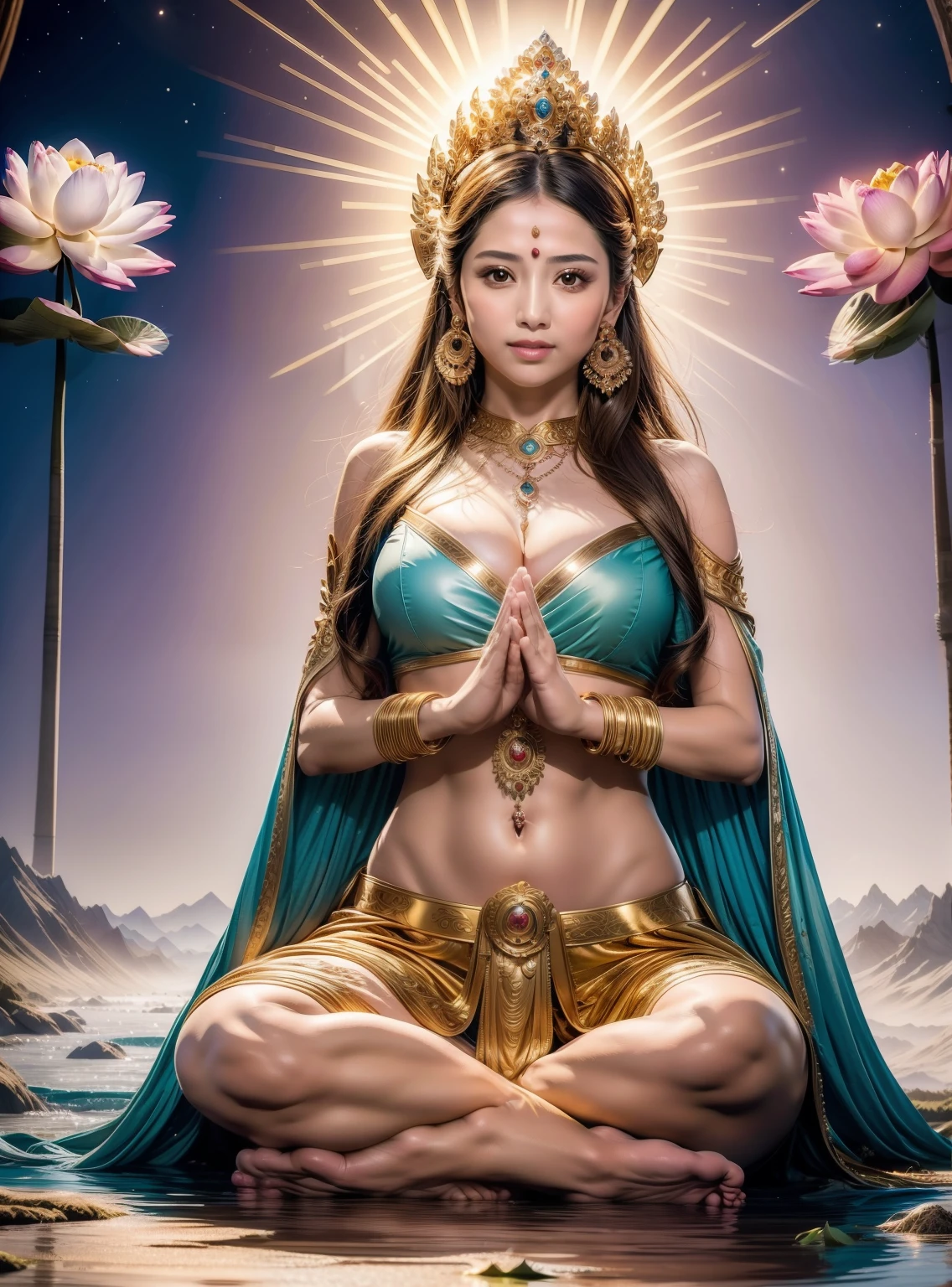 In the sky，The beautiful 16-year-old Princess sits on a white cloud，Wearing a delicate gold crown，beautiful countenance，Pinch the lotus stem with one hand，The skin is fair, delicate and smooth，pale robe，Barefoot on both feet，The corners of the mouth are slightly upturned，Look at the camera with a gentle expression，In the sky garden，Surrounded by colorful clouds，Fantasy space，Gorgeous and noble costumes，The head background lights up，There is a flickering aperture，A colorful world，8k 壁纸，extremely detaile，Amazing Cleavage，tmasterpiece,indian goddess of wealth,Venerable goddess,Beautiful dream world，offcial art，