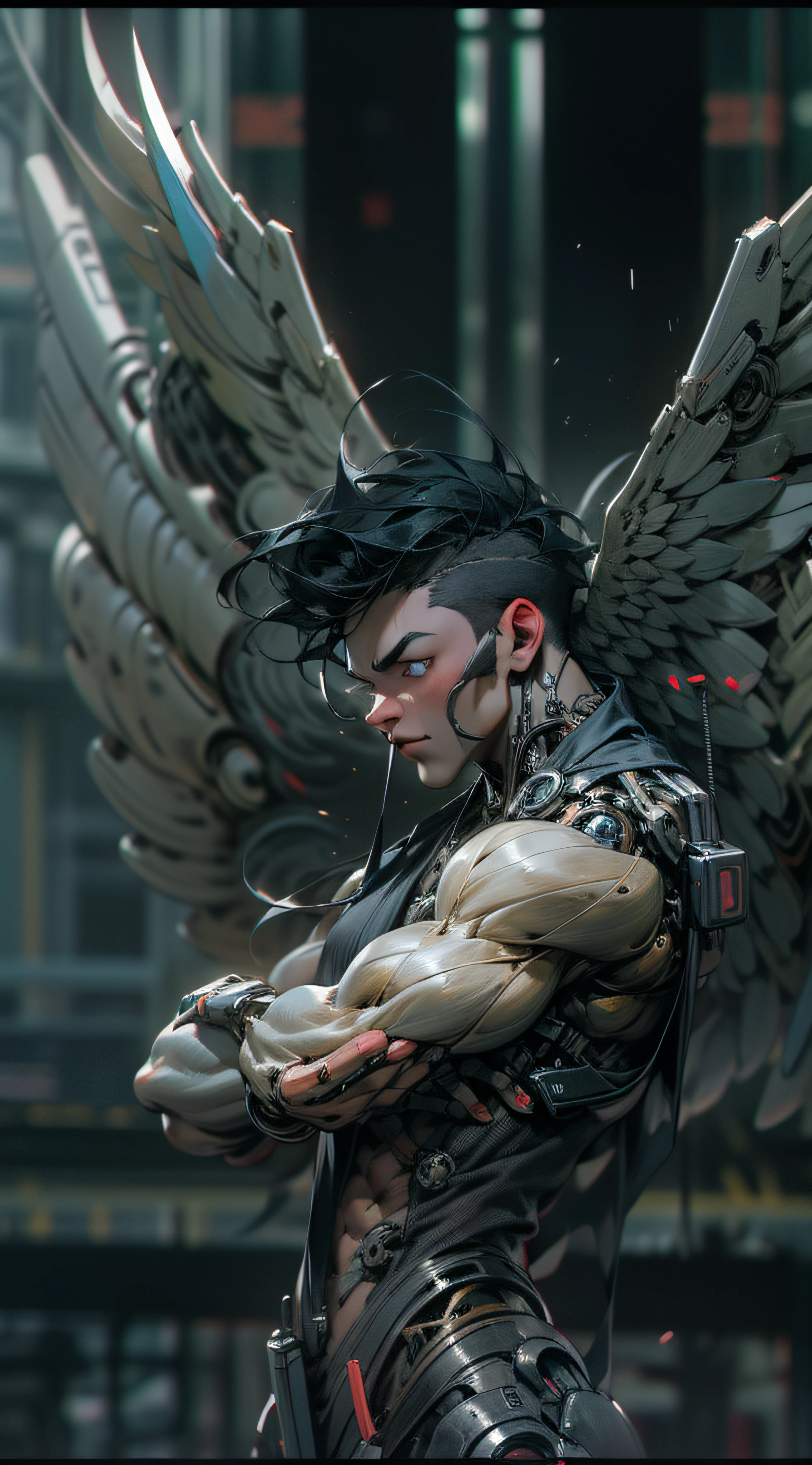 cyber punk perssonage,(A male),The muscles are pronounced,Abs,with short black hair,Mechanical heart,Mechanical wings,Science and technology building in the distance,tmasterpiece,A high resolution,8K